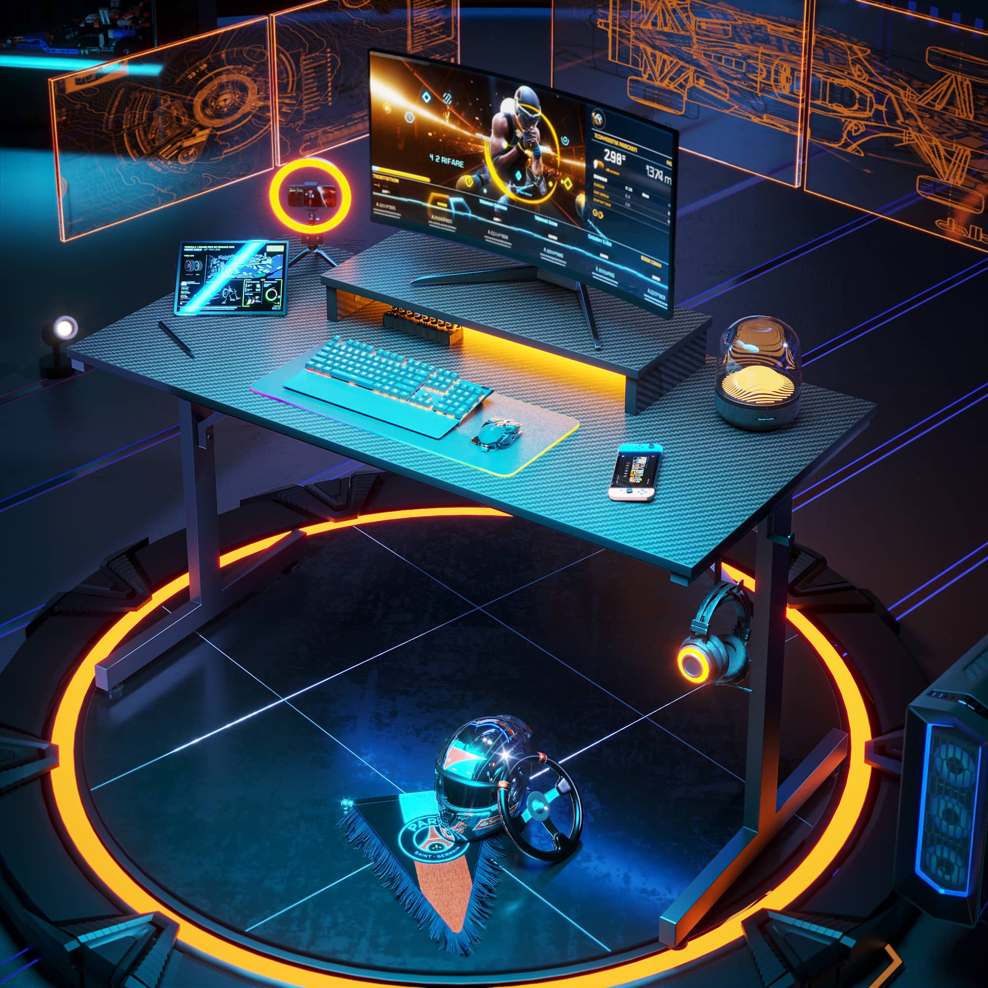 Alt View 2. Bestier - 42-inch Gaming Desk with RGB Lights, Ergonomic Monitor Stand & Accessory Hooks - Black Carbon Fiber.