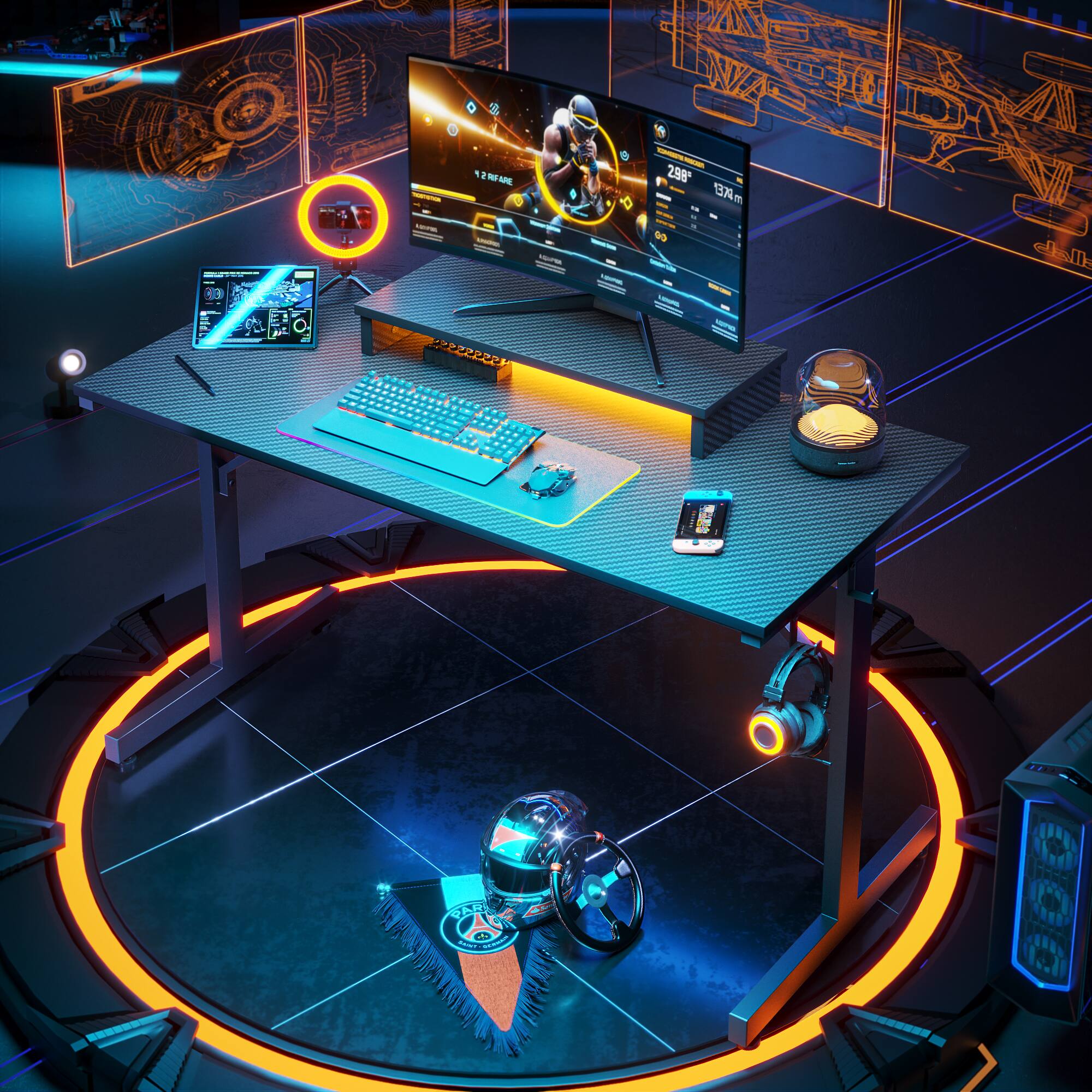 Alt View 2. Bestier - 42-inch Gaming Desk with RGB Lights, Ergonomic Monitor Stand & Accessory Hooks - Black Carbon Fiber.