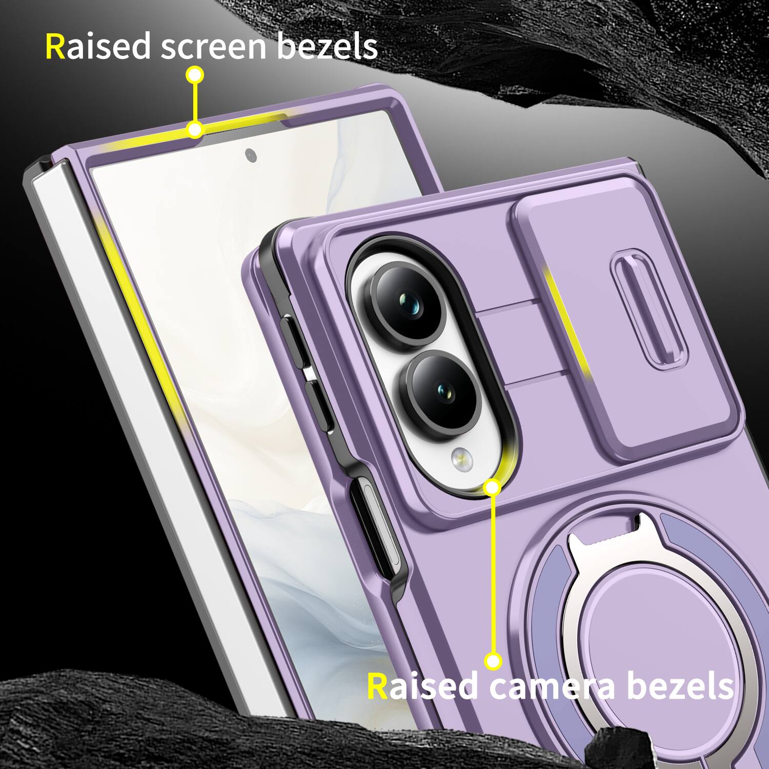 Raised screen bezels  
Raised camera bezels