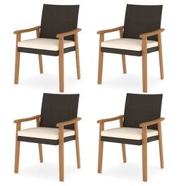 Gymax - Patio Dining Chair 4 PCS w/Cushion Wood Armrests Metal Frame for Garden Off - White
