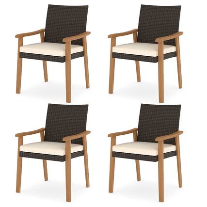 Front. Gymax - Gymax Patio Dining Chair 4 PCS w/Cushion Wood Armrests Metal Frame for Garden Off White - White.