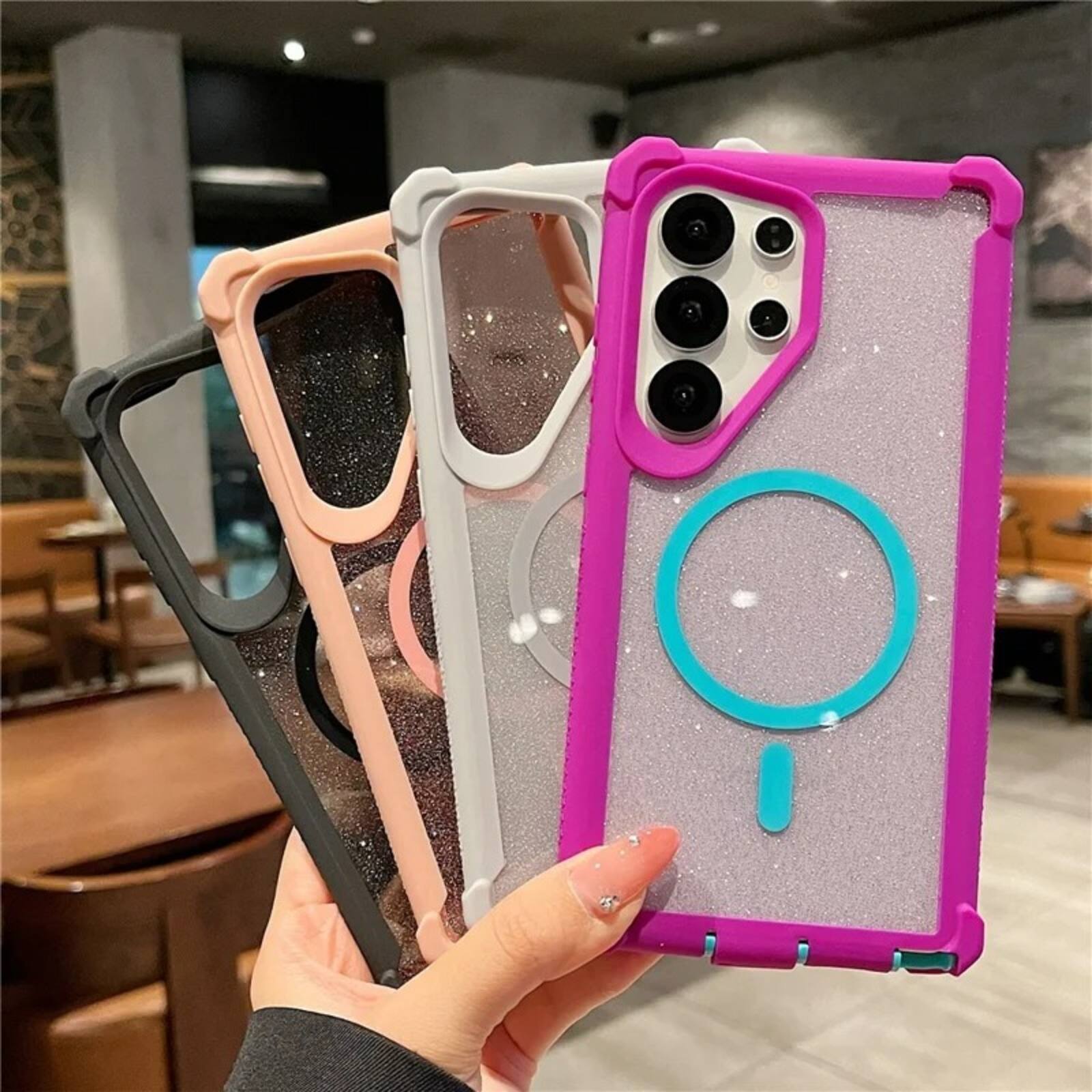 Angle. UUCOVER - For Samsung Galaxy S24 Ultra Magnetic Case Compatible with Magsafe Detachable 2 in1 Shockproof Frame Glitter Clear Cover - Gray.