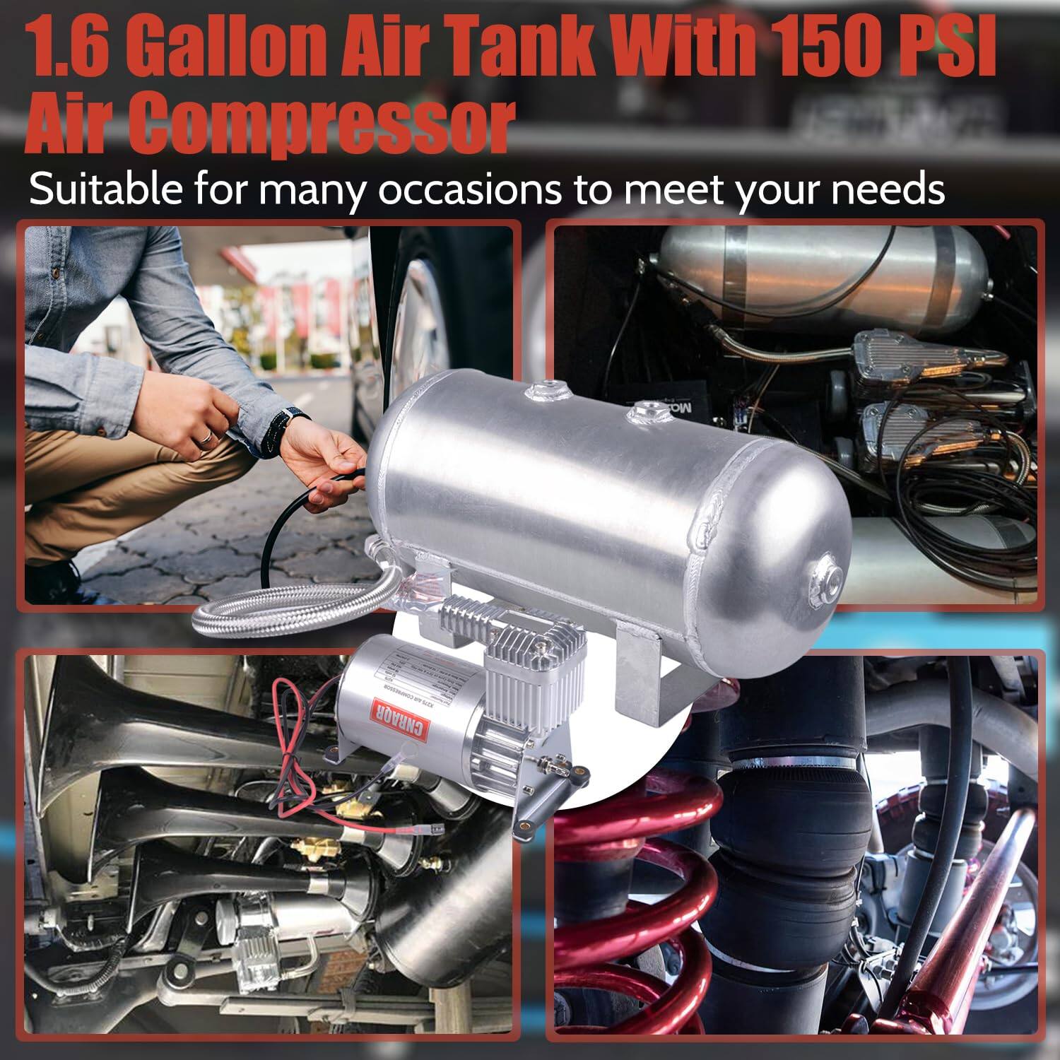 1.6 Gallon Air Tank With 150 PSI Air Compressor  
Suitable for many occasions to meet your needs