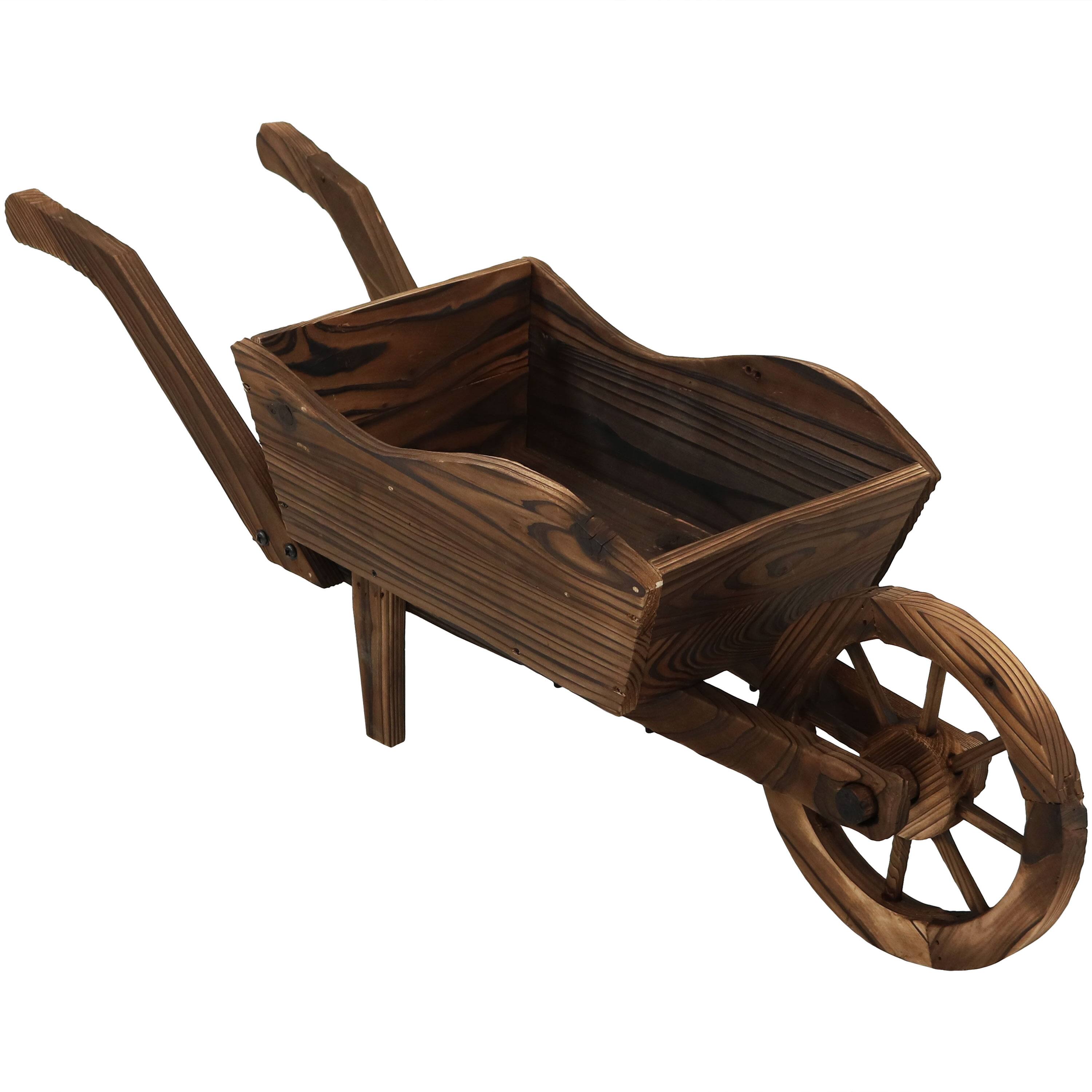 Front. Sunnydaze - Natural Wooden Fir Decorative Wheelbarrow Garden Planter - Brown.