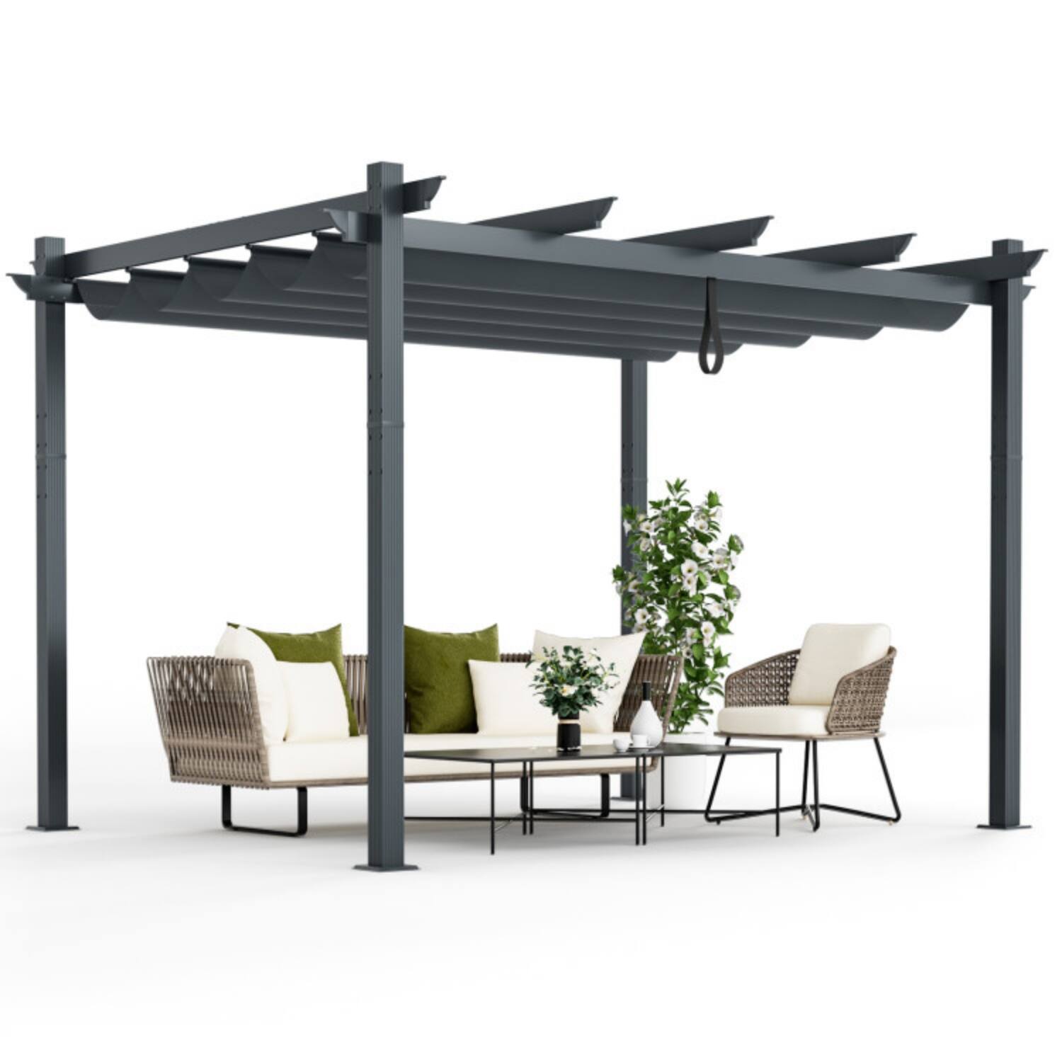 Alt View 6. Mondawe - 10x12 FT Outdoor Aluminum Retractable Pergola w Canopy & Grape Trellis 8' Height - Gray.