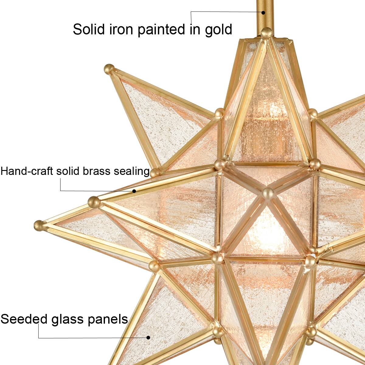 Solid iron painted in gold  
Hand-craft solid brass sealing  
Seeded glass panels