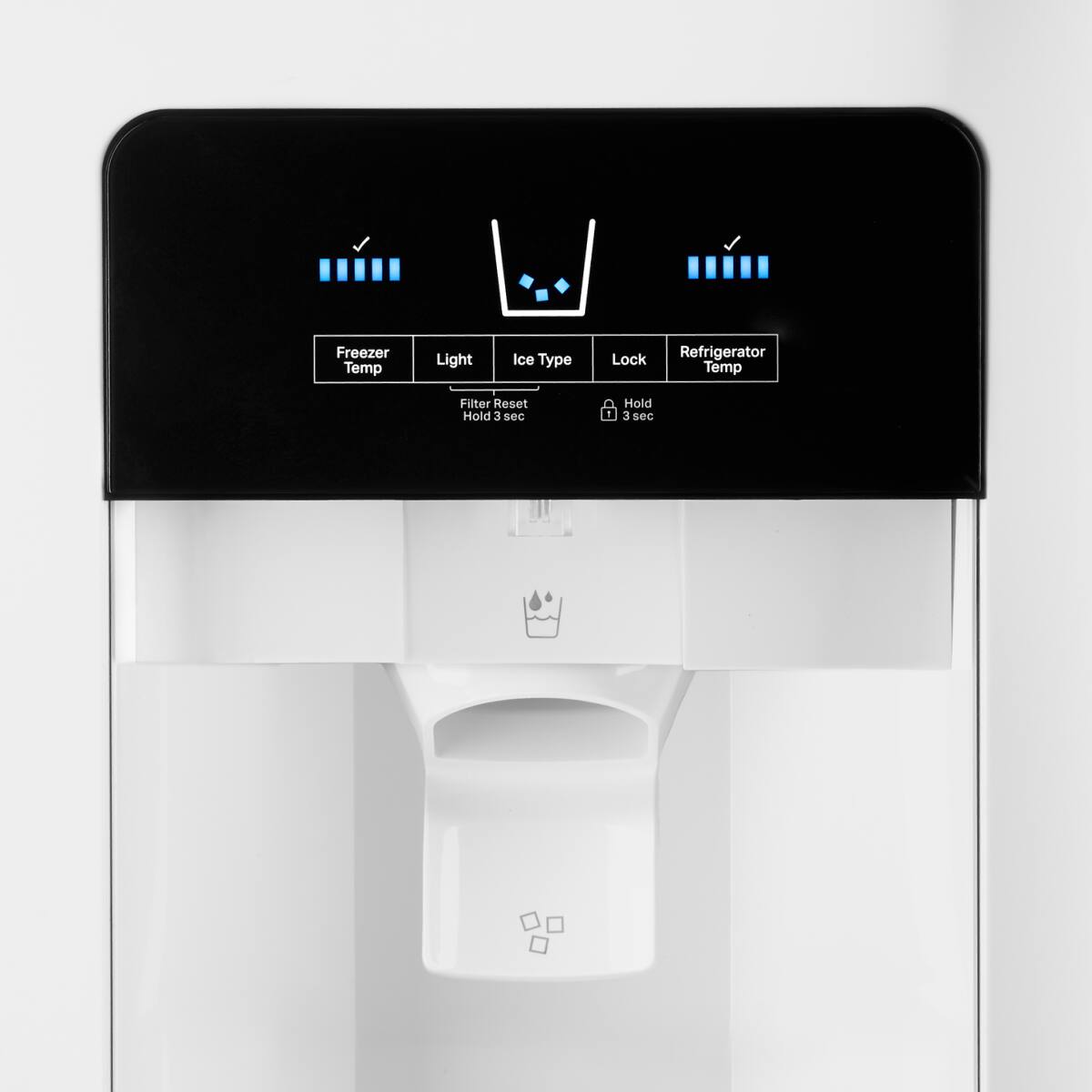 Freezer Temp  
Light  
Ice Type  
Lock  
Refrigerator Temp  

Filter Reset  
Hold 3 sec  

Hold 3 sec