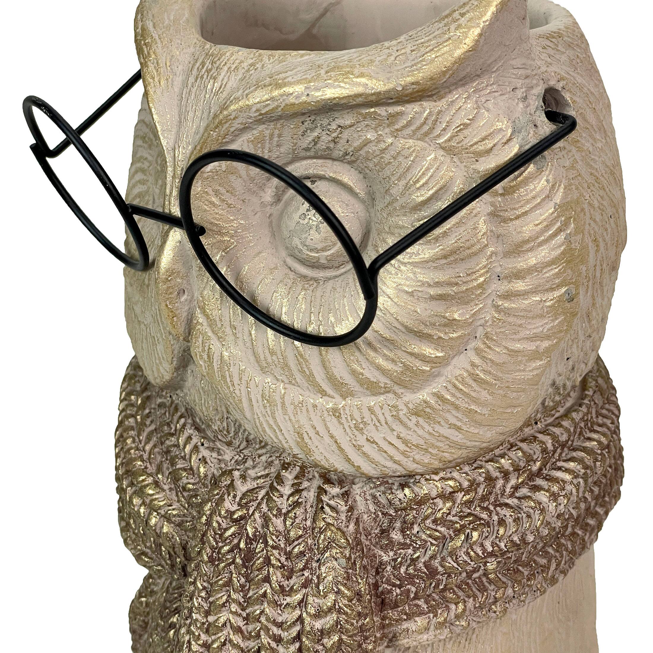 Alt View 2. Things2Die4 - Bespectacled Owl Cement Vase 8.25" Gold Accents Knit Scarf Real Wire Glasses - Taupe.