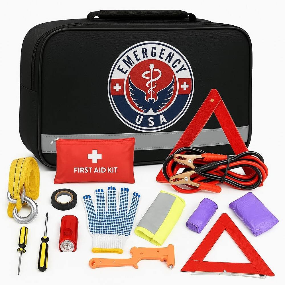 MOSZAR LLC - Black Car Emergency Kit with Jumper Cables, First Aid & Safety Tools