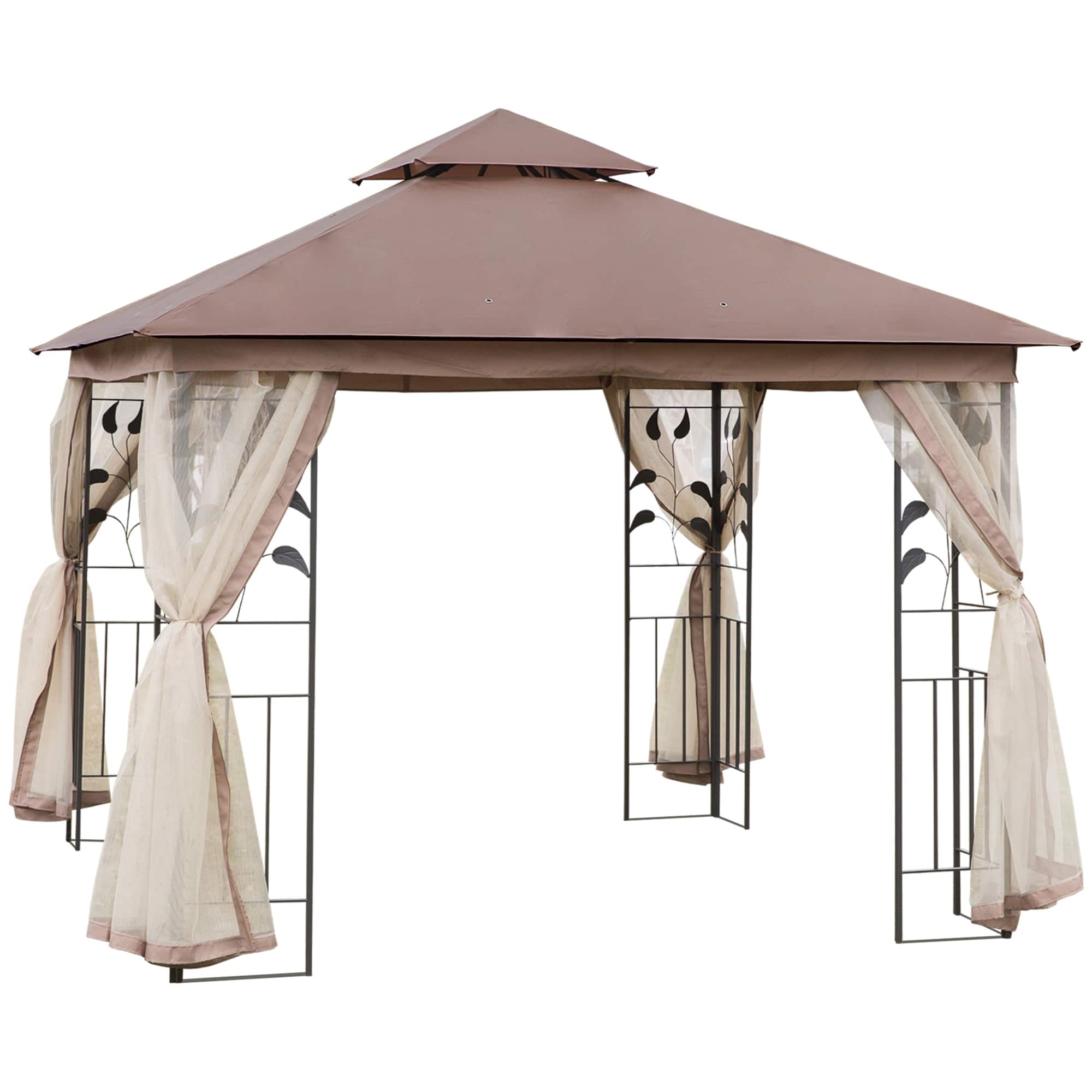 Front. Outsunny -  10' x 10' Metal Patio Gazebo, Double Roof Outdoor Gazebo Canopy Shelter with Tree Motifs Corner Frame - Black and Brown.