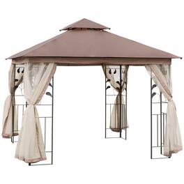 Outsunny - 10' x 10' Metal Patio Gazebo, Double Roof Outdoor Gazebo Canopy Shelter with Tree Motifs Corner Frame - Black and Brown