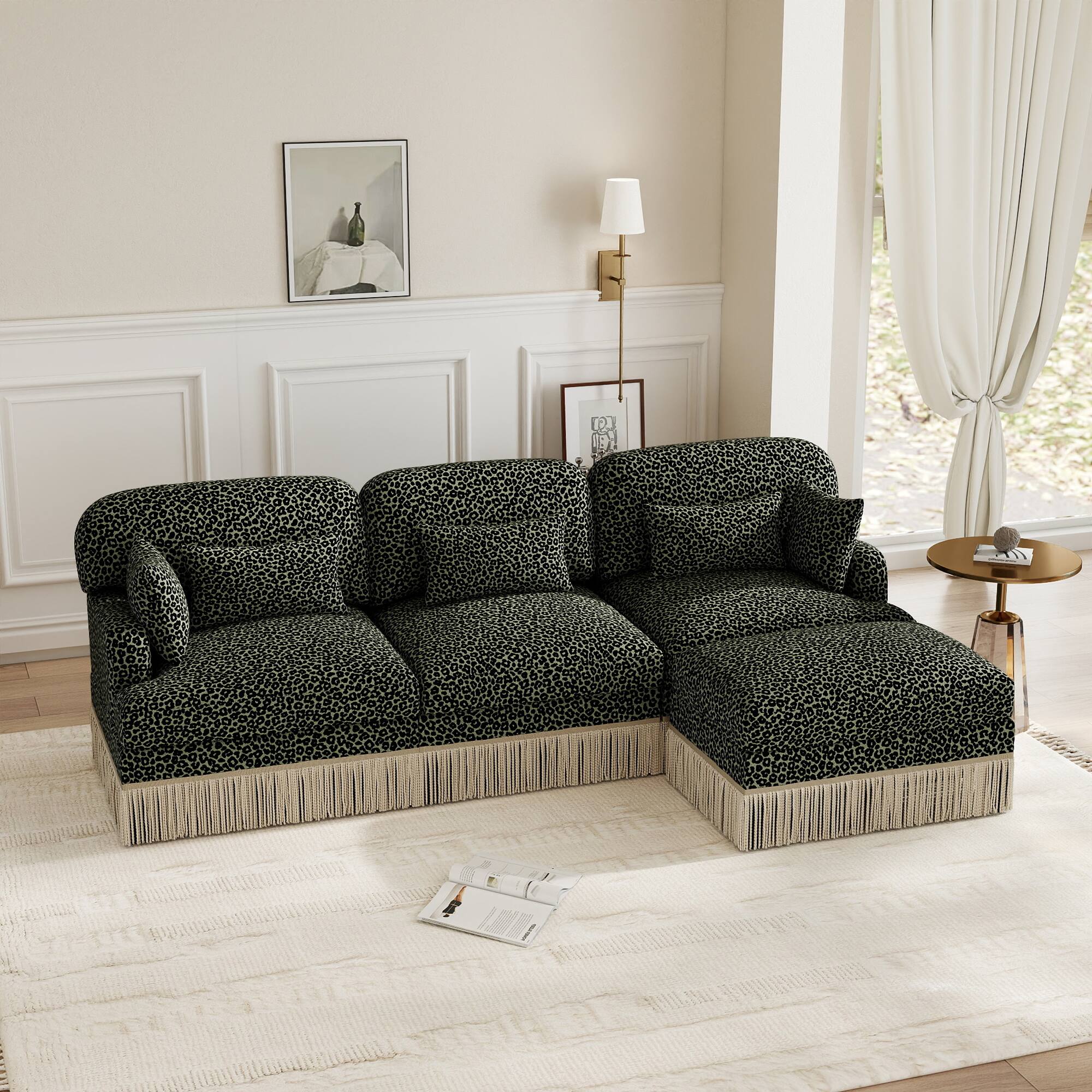 Angle. Anysun - Modern Fashion Style L-Shaped Chenille Leopard Print Sofa with Movable Ottoman & Tassel Edge, Easy Assembly, Deep Seat - Green.