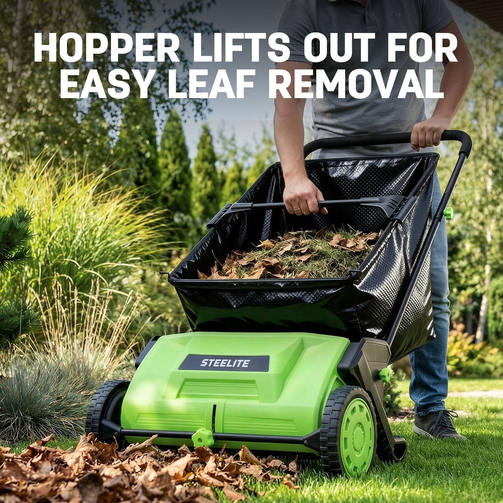 Hopper lifts out for easy leaf removal. Steelite.