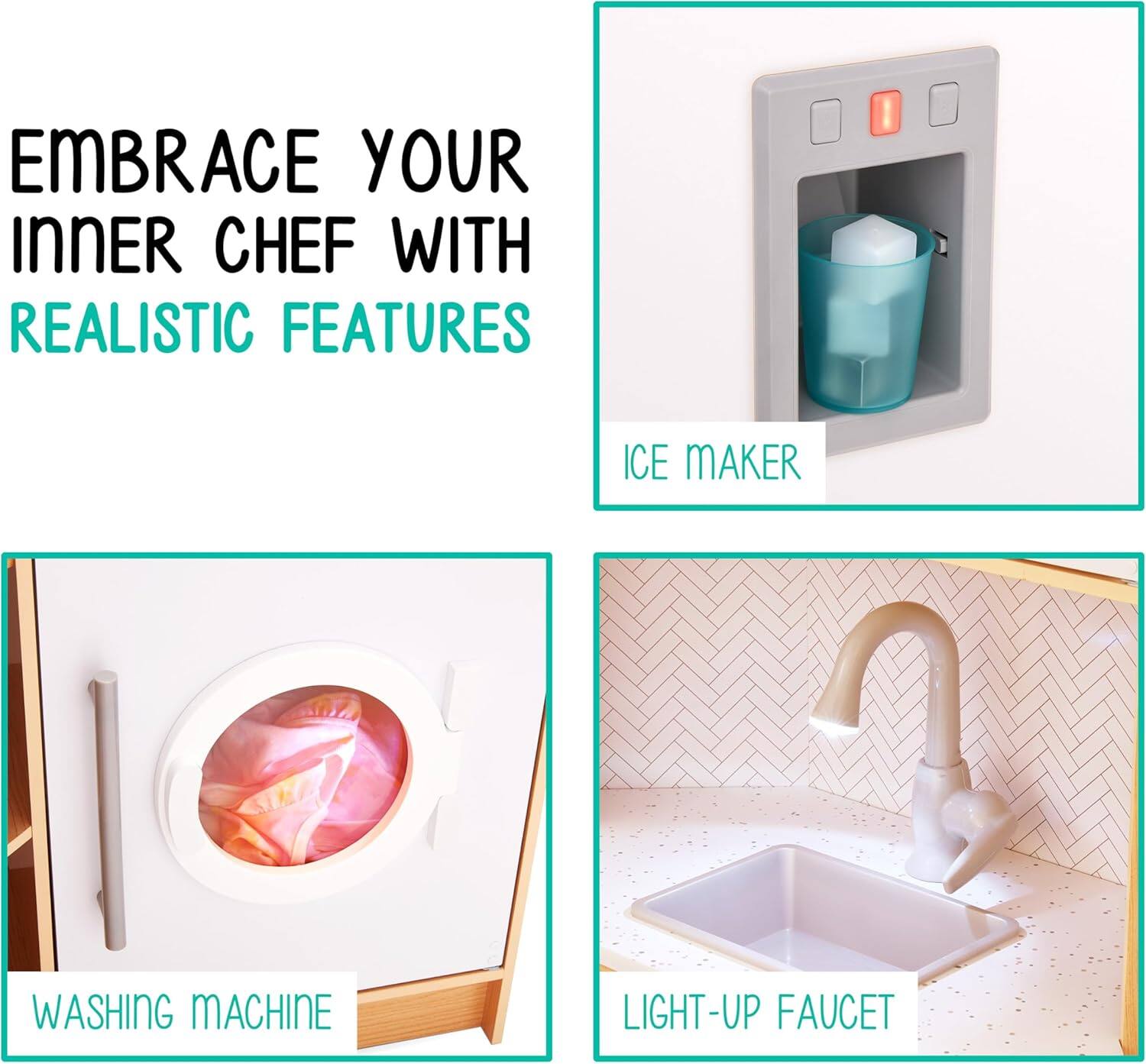 Embrace your inner chef with realistic features: Ice maker, washing machine, light-up faucet.
