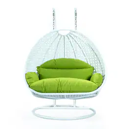 LeisureMod - Modern 2-Person Outdoor Egg Swing White Wicker Chair with Stand, Plush Washable Cushions & Waterproof Cover - Light Green