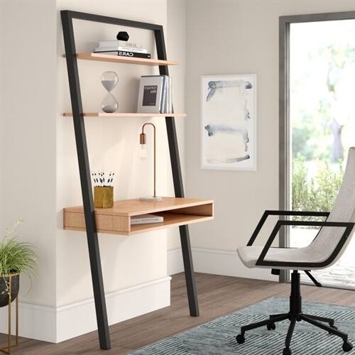 Alt View 1. SlickBlue - Farmhouse Wall-Leaning Writing Desk with Dual Shelves - Rustic Oak, Black.