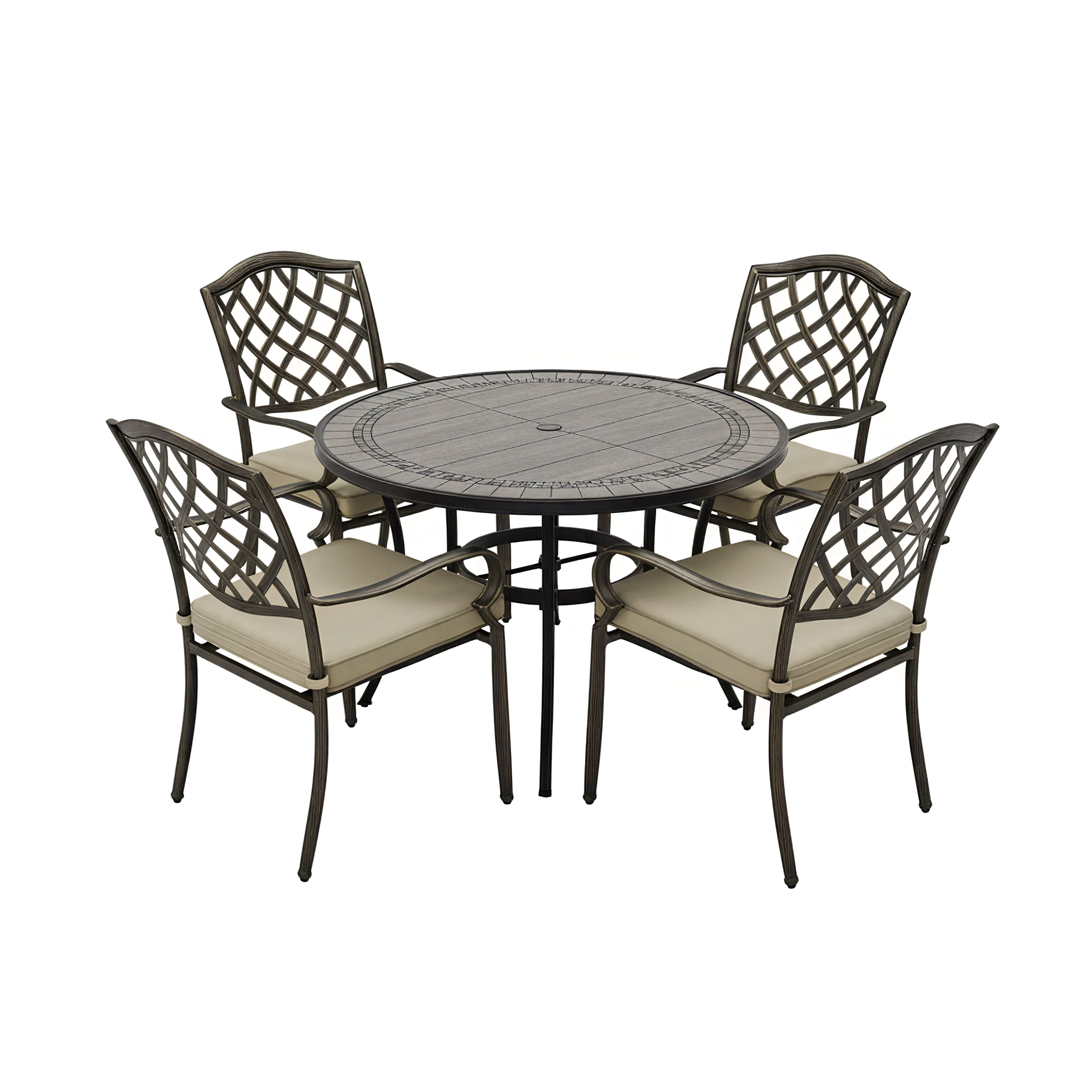 Mondawe - 5-Piece Outdoor Dining Set with Round Umbrella Hole Table and 4 Chairs with Cushions - Bronze+Grey