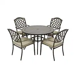 Mondawe - 5-Piece Outdoor Dining Set with Round Umbrella Hole Table and 4 Chairs with Cushions - Bronze+Grey