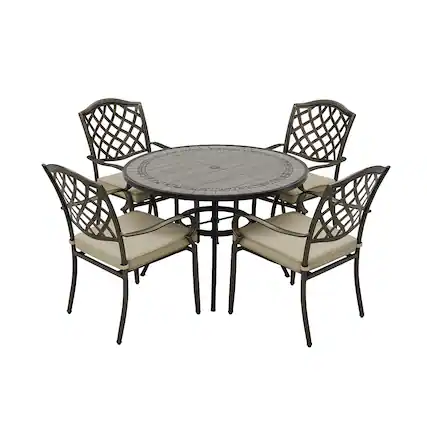 Front. Mondawe - 5-Piece Outdoor Dining Set with Round Umbrella Hole Table and 4 Chairs with Cushions - Bronze+Grey.