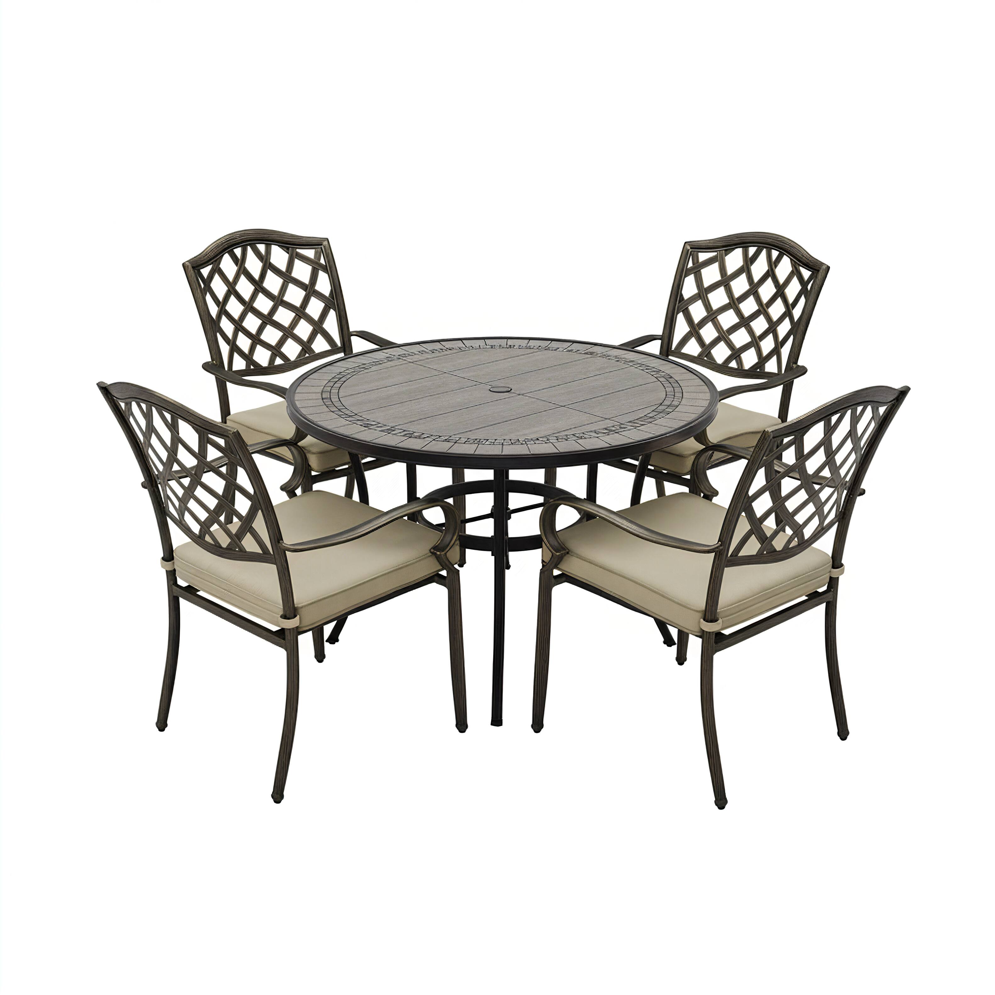 Front. Mondawe - 5-Piece Outdoor Dining Set with Round Umbrella Hole Table and 4 Chairs with Cushions - Bronze+Grey.