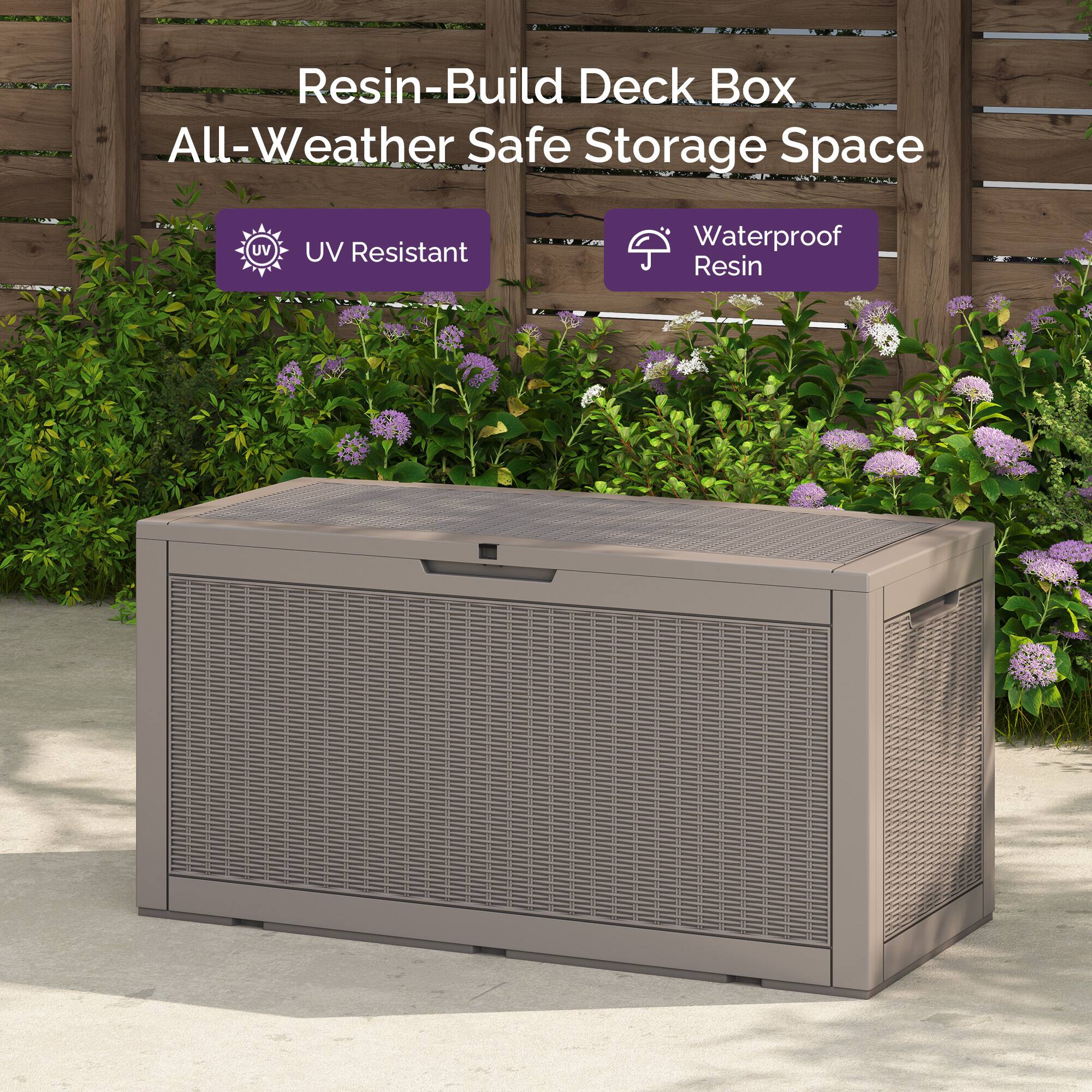Resin-Build Deck Box  
All-Weather Safe Storage Space  

UV Resistant  
Waterproof Resin