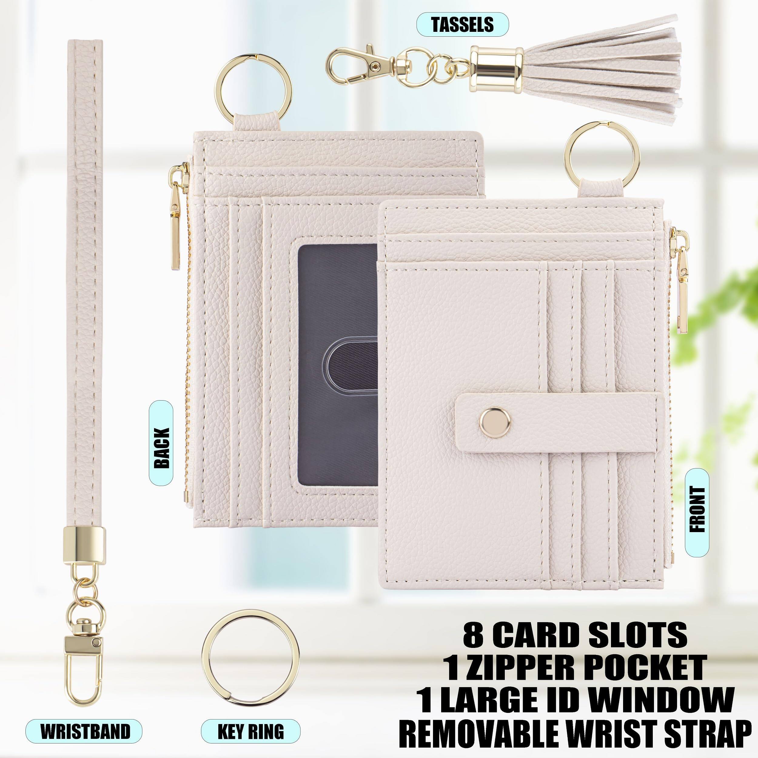 Left. Jadie Link - Wristlet Keychain Wallet Women Slim Rfid Blocking Credit Card Holder Zip Case Small Compact Leather Purse beige - Beige.