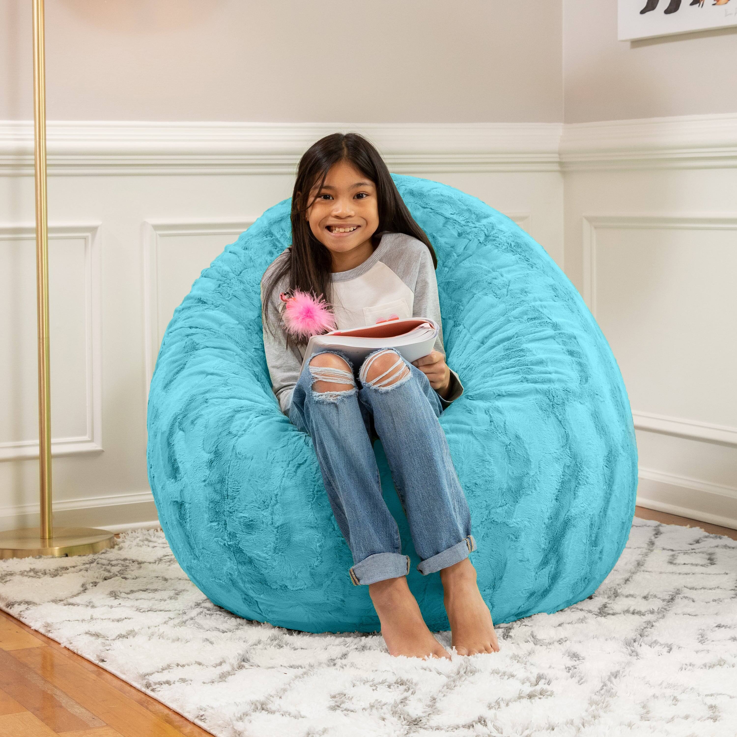Left. Jaxx - Jaxx Cocoon 4 Foot Bean Bag Chair - Faux Fur, Maui Turquoise - Faux Fur - Maui Turquoise.