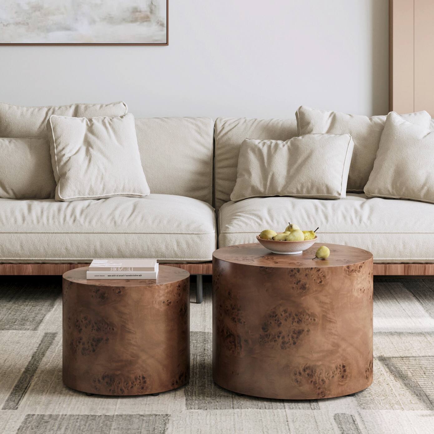 Left. Loheer - Loheer Nesting Coffee Table Set of 2 Modern Round Brown Burl Wood Circle Accent Tables for Small Spaces Living Room - Dark Brown.