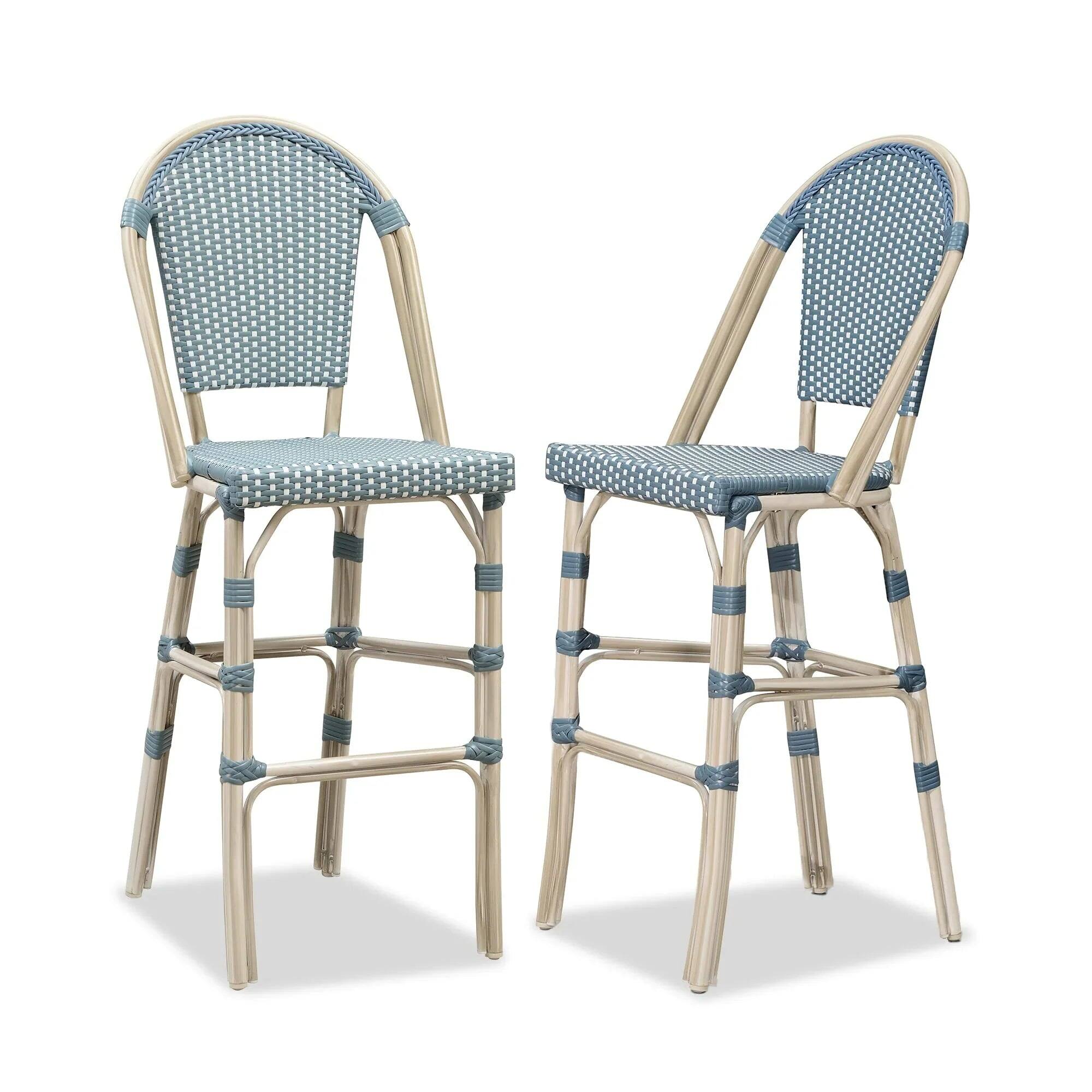 Alt View 6. PURPLE LEAF - French Bar Height Bar Stool Set of 2 Patio Bar Chairs with Back Rattan Bar Chairs French Bistro Set - White Frame/Light Blue-Bar Stool.