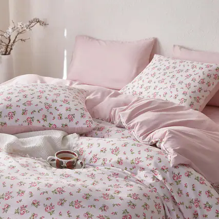 Front. Stylel Star - - Coquette Duvet Cover Set Floral Cottagecore Flower Shabby Chic Cute Aesthetic Soft Lightweight Bedding For Women... - Pink-Queen.