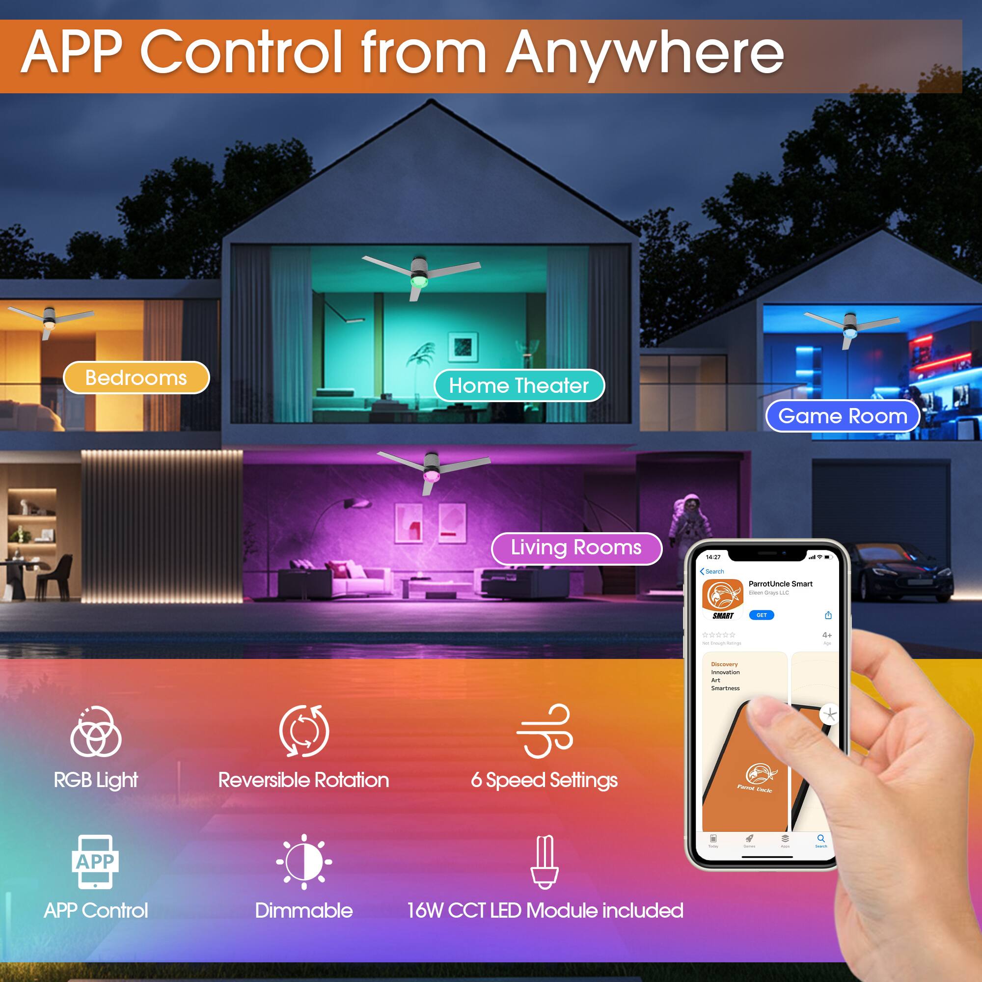 APP Control from Anywhere

Bedrooms Home Theater Game Room Living Rooms

- Parotinese Smart
- RGB Light
- Reversible Rotation
- 6 Speed Settings
- APP Control
- Dimmable
- 16W CCT LED Module included
