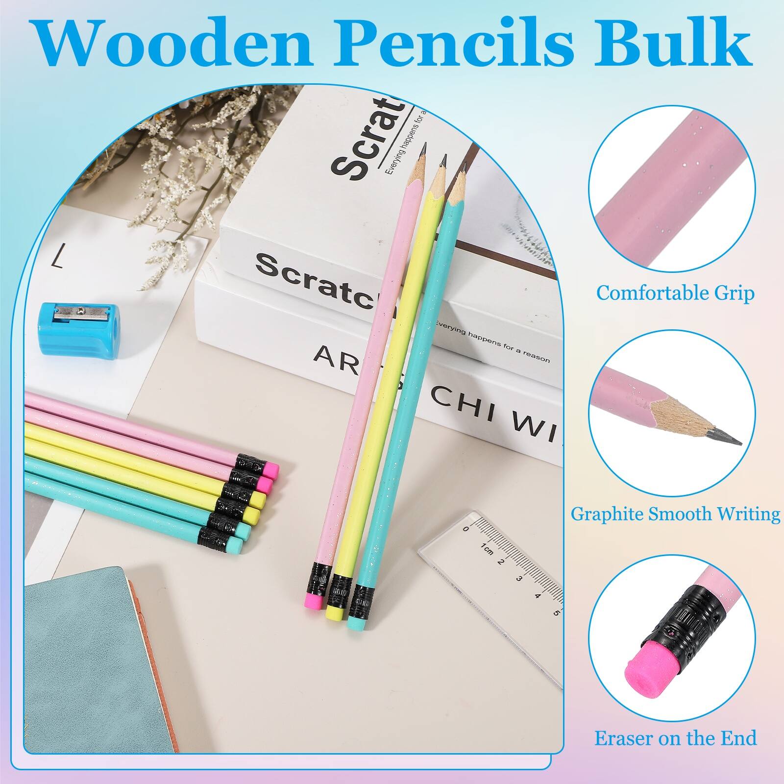 Wooden Pencils Bulk - Scratc Comfortable Grip, Graphite Smooth Writing, Eraser on the End