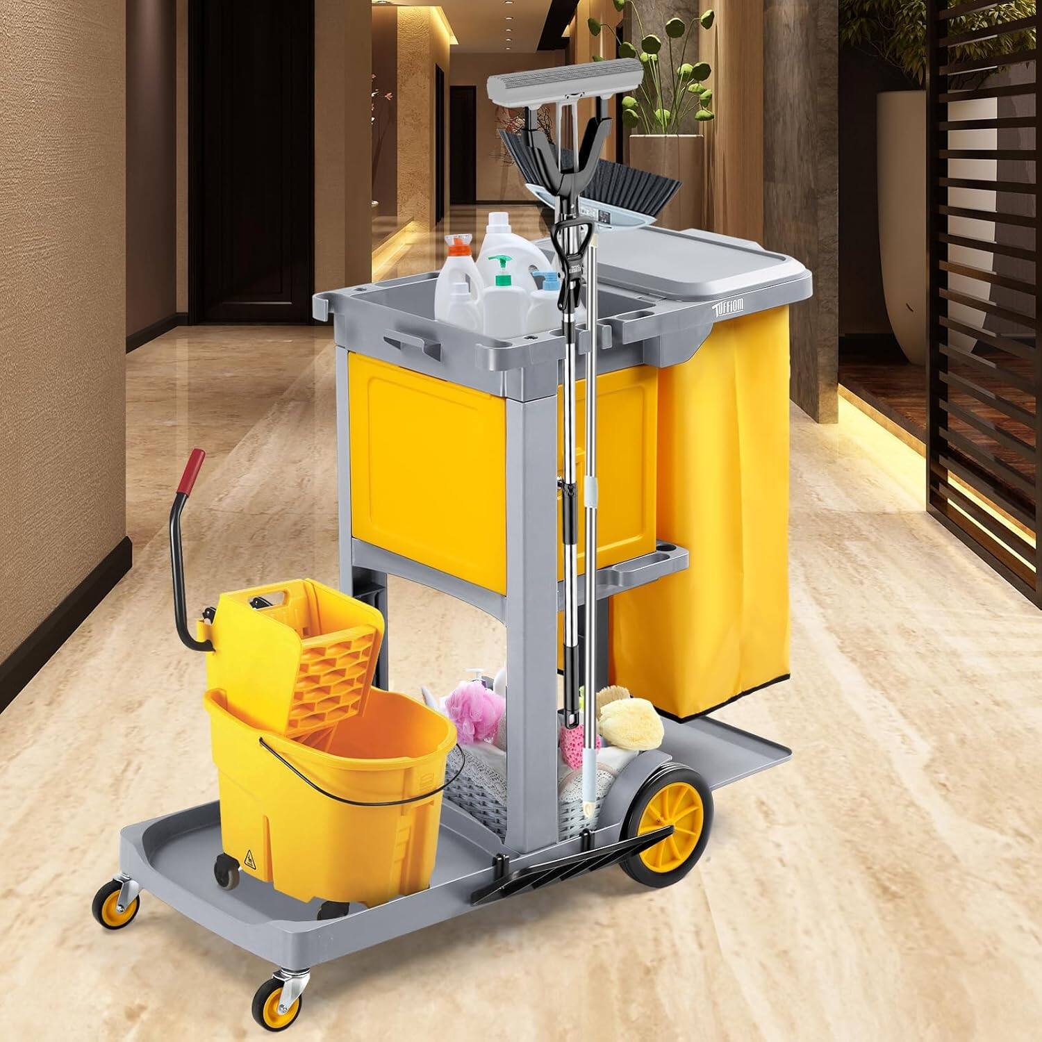Left. Winado - Heavy-Duty 3-Shelf Cleaning Cart Commercial Janitorial Cart w/ Locking Security Cabinet & Large Platform for Mop Buckets - Grey & Yellow.