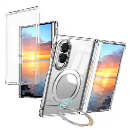 Front. Dteck - For Samsung Galaxy Z Fold8 Magnetic Case Built-in Screen Protector,Shockproof Ring Stand Clear Back Hinge Protect Cover - Clear.
