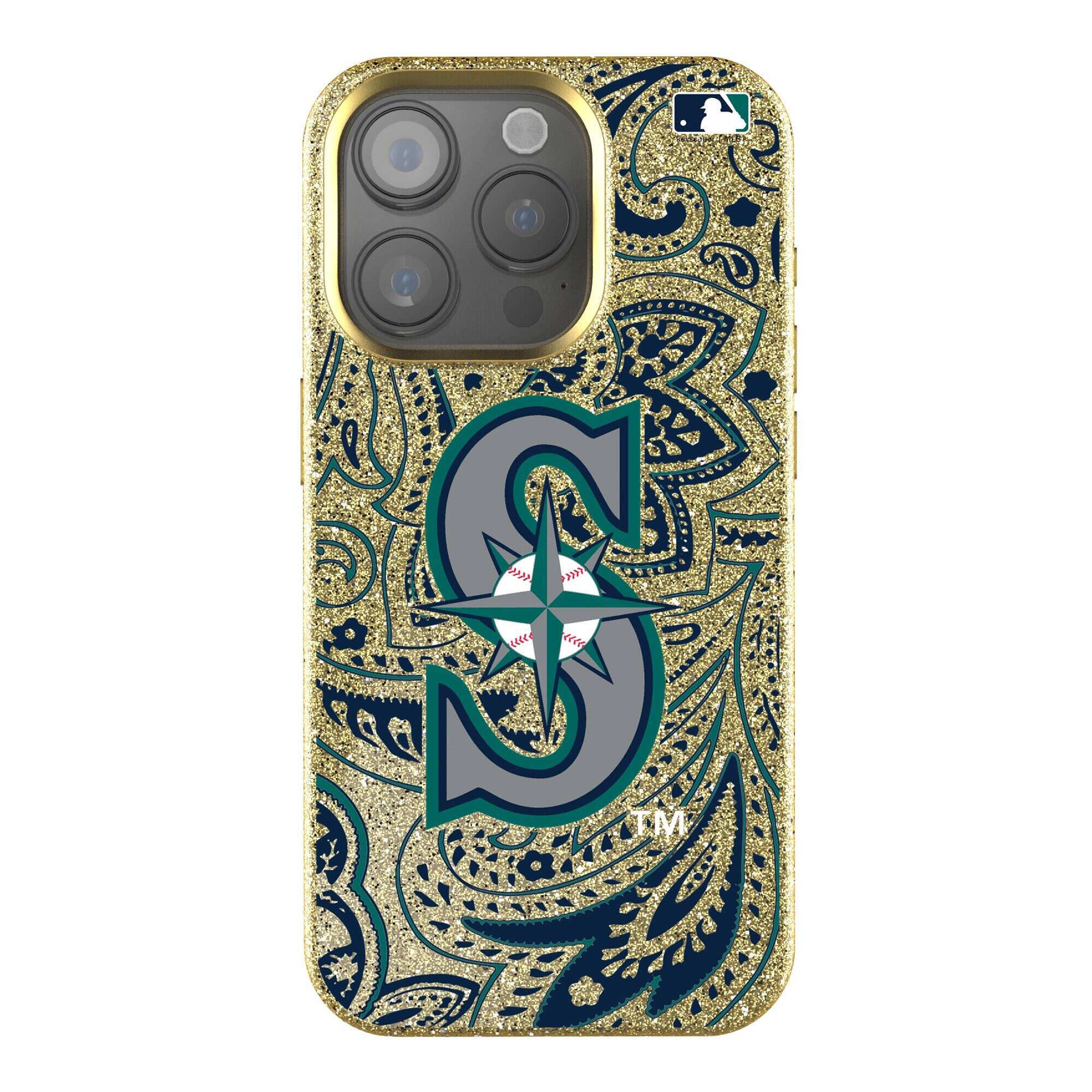 Front. Keyscaper - Seattle Mariners Paisley Bling iPhone Case - 14 Pro Max - Gold.