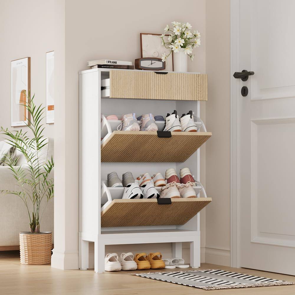 Alt View 5. Babevy - Shoe Storage Cabinet with 2 Flip Drawers, Farmhouse Fluted Shoe Organizer with Metal Legs - White+Oak.