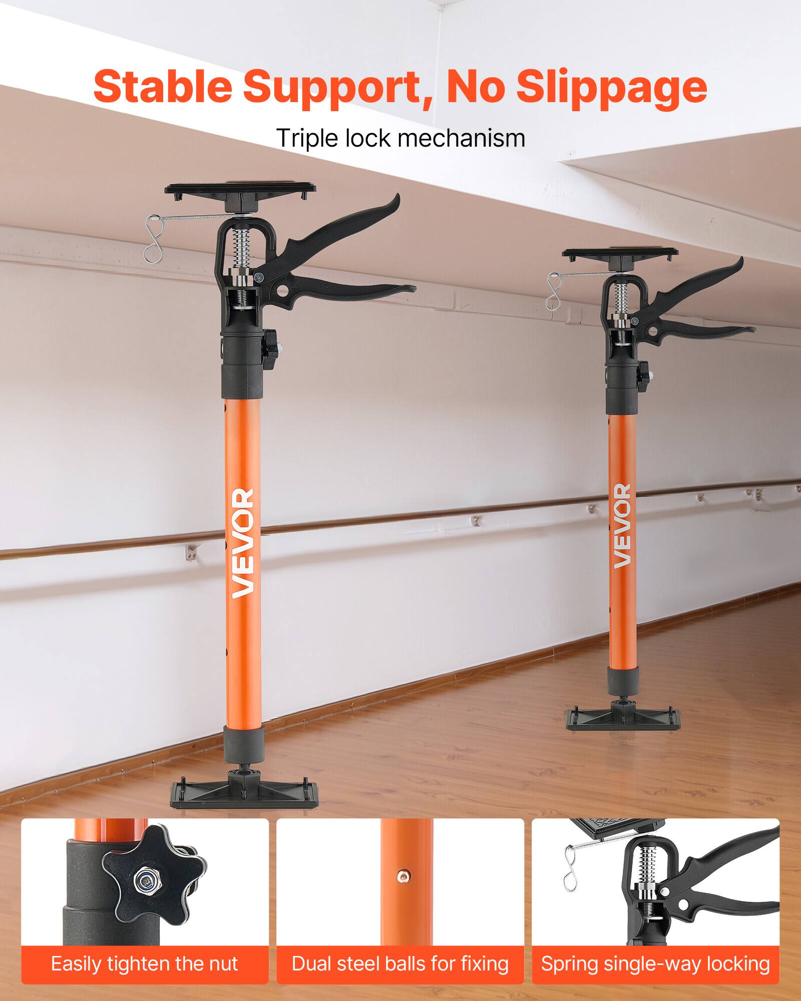 Stable Support, No Slippage  
Triple lock mechanism  

Easily tighten the nut  
Dual steel balls for fixing  
Spring single-way locking