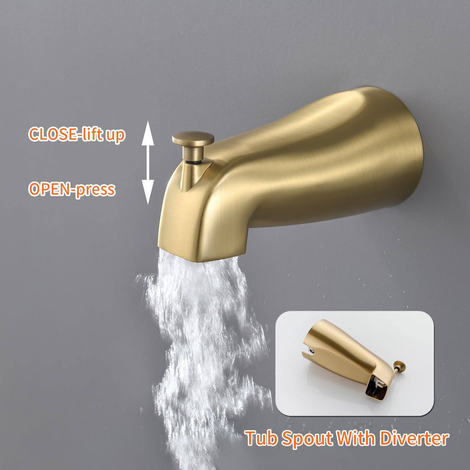 CLOSE-lift up  
OPEN-press  

Tub Spout With Diverter