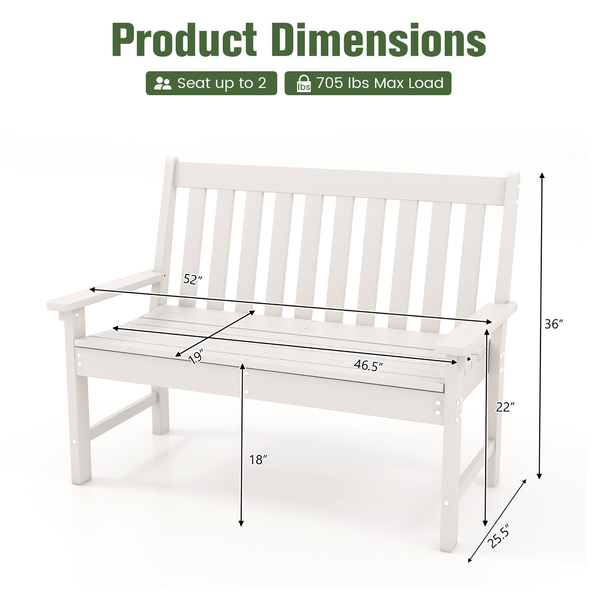 Product Dimensions, Seat up to 2, 705 lbs Max Load, 52", 36", 46.5", 22", 18", 25.5"