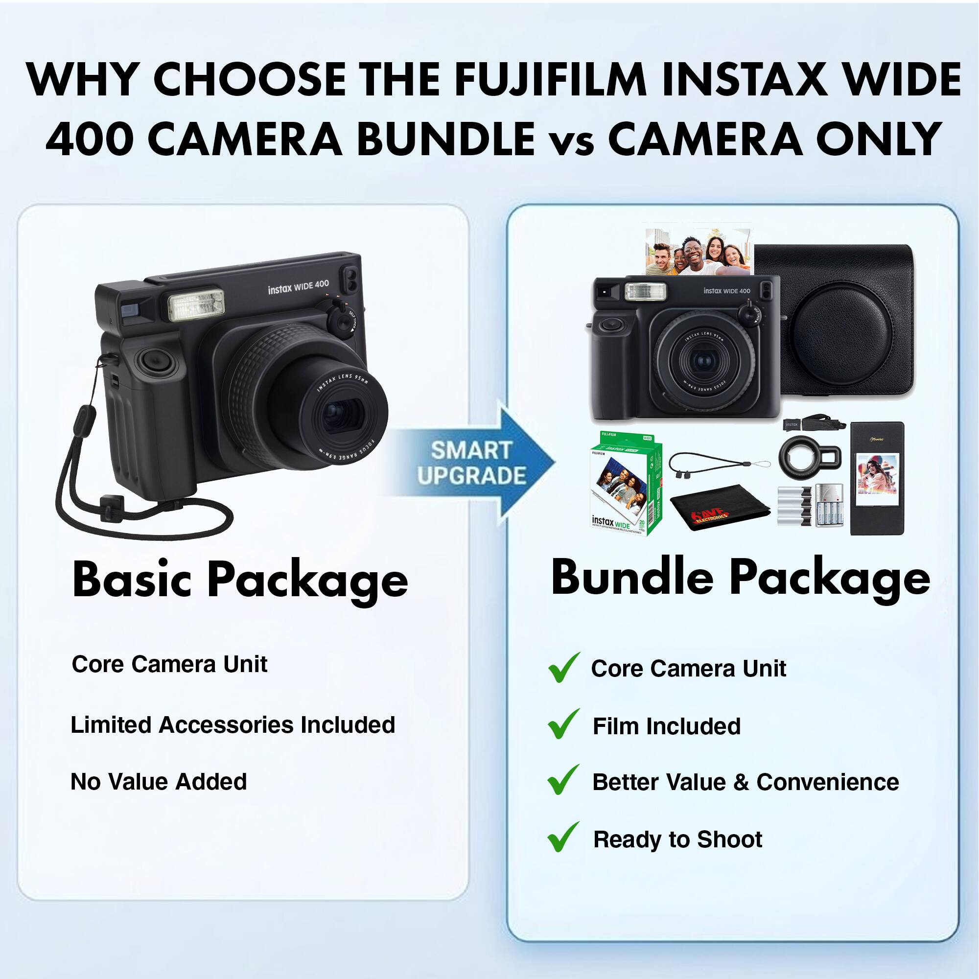 WHY CHOOSE THE FUJIFILM INSTAX WIDE 400 CAMERA BUNDLE vs CAMERA ONLY

**Basic Package**
- Core Camera Unit
- Limited Accessories Included
- No Value Added

**Bundle Package**
- Core Camera Unit
- Film Included
- Better Value & Convenience
- Ready to Shoot

SMART UPGRADE