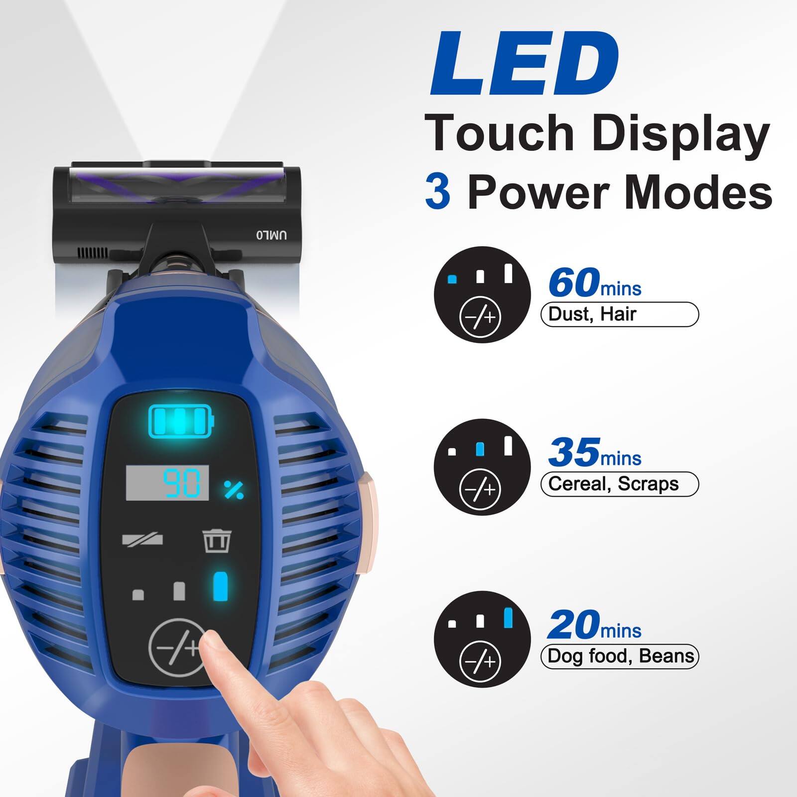 LED Touch Display  
3 Power Modes  

- 60 mins  
  Dust, Hair  

- 35 mins  
  Cereal, Scraps  

- 20 mins  
  Dog food, Beans