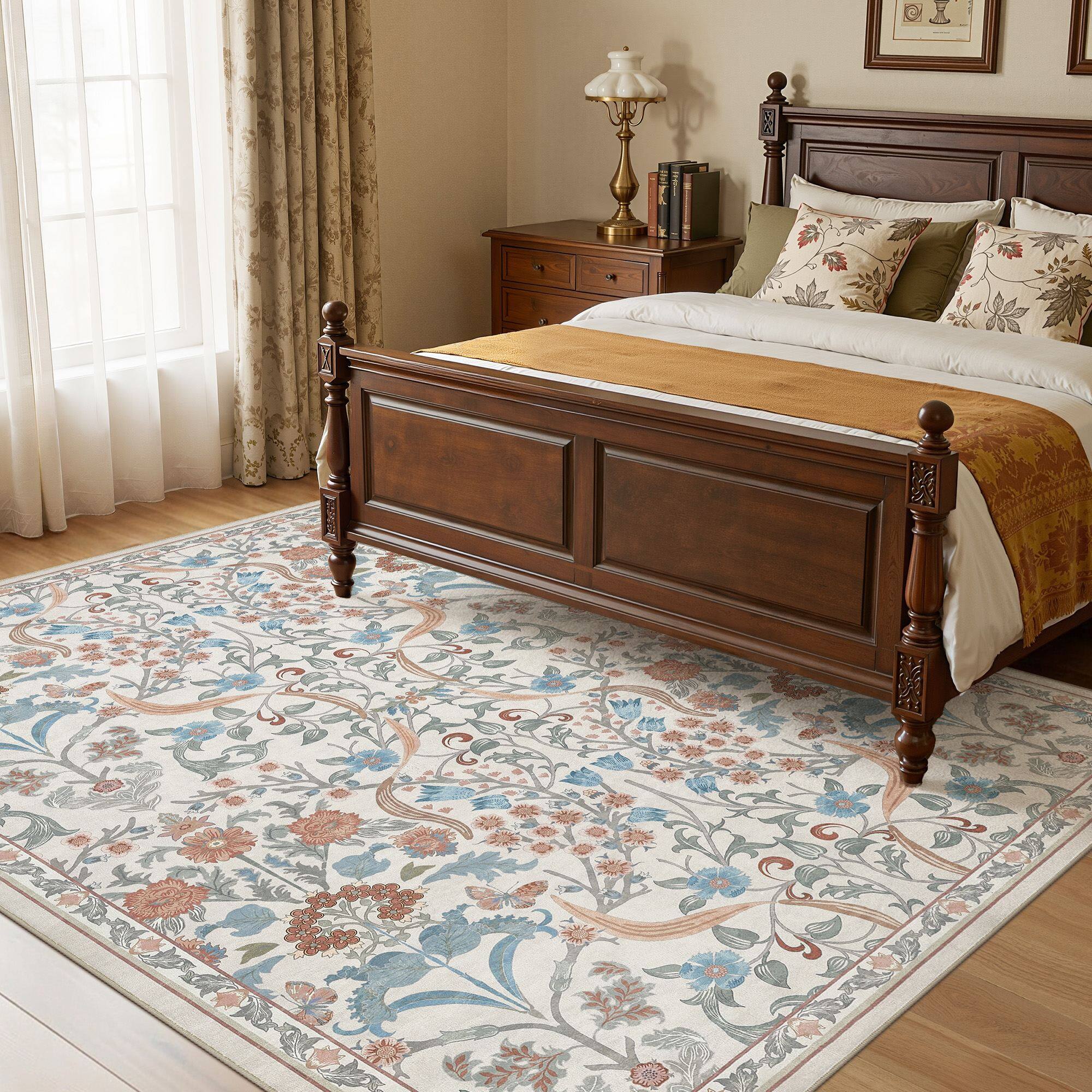 Angle. Yardgrace - 8'x10' ft Floral Bohemian Area Rug, Vintage Washable Printed Boho Carpet for Living Room Bedroom - Beige.