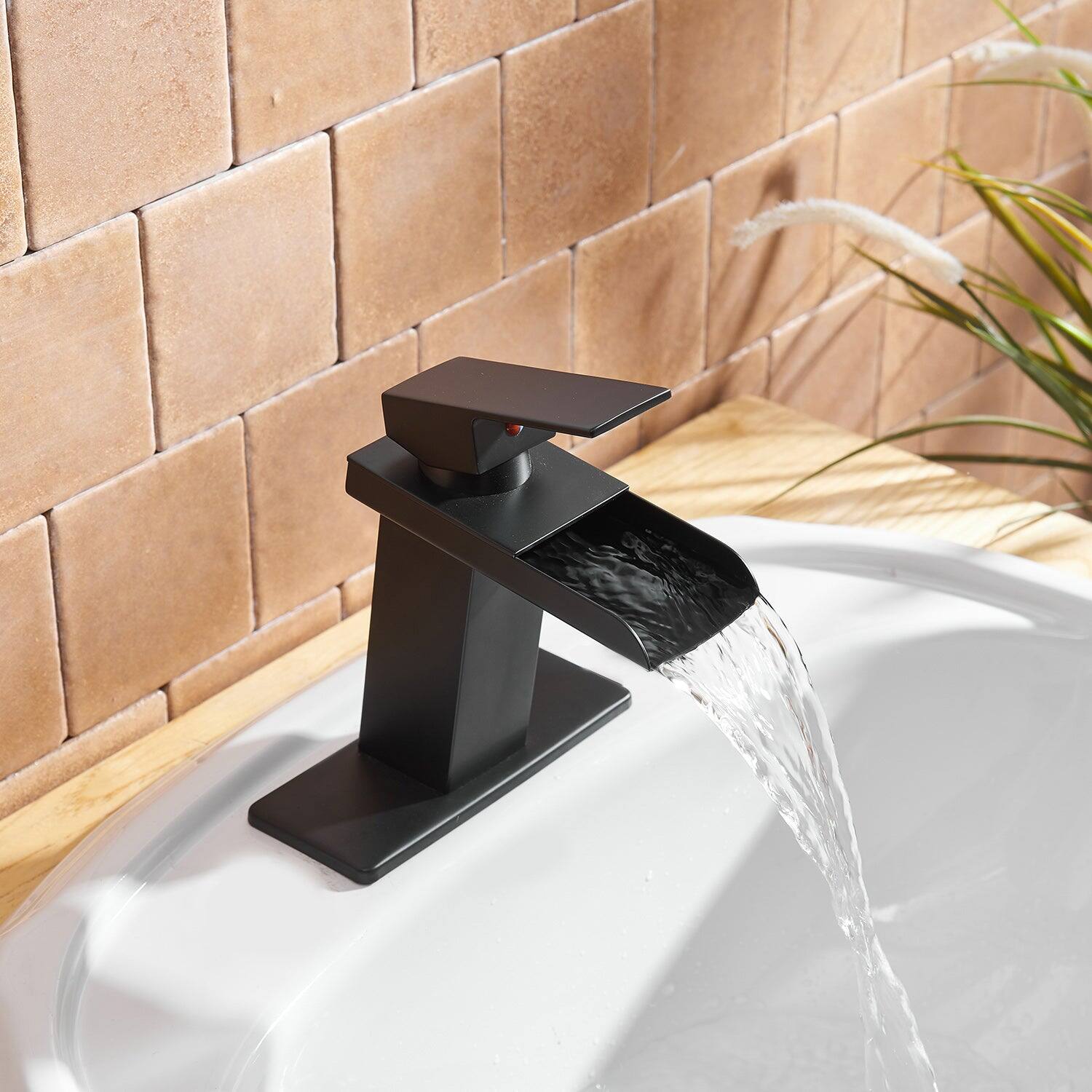 Alt View 2. Boyel Living - Waterfall Single Hole Single-Handle Low-Arc Bathroom Faucet With Pop-up Drain Assembly in Matte Black - Matte Black.