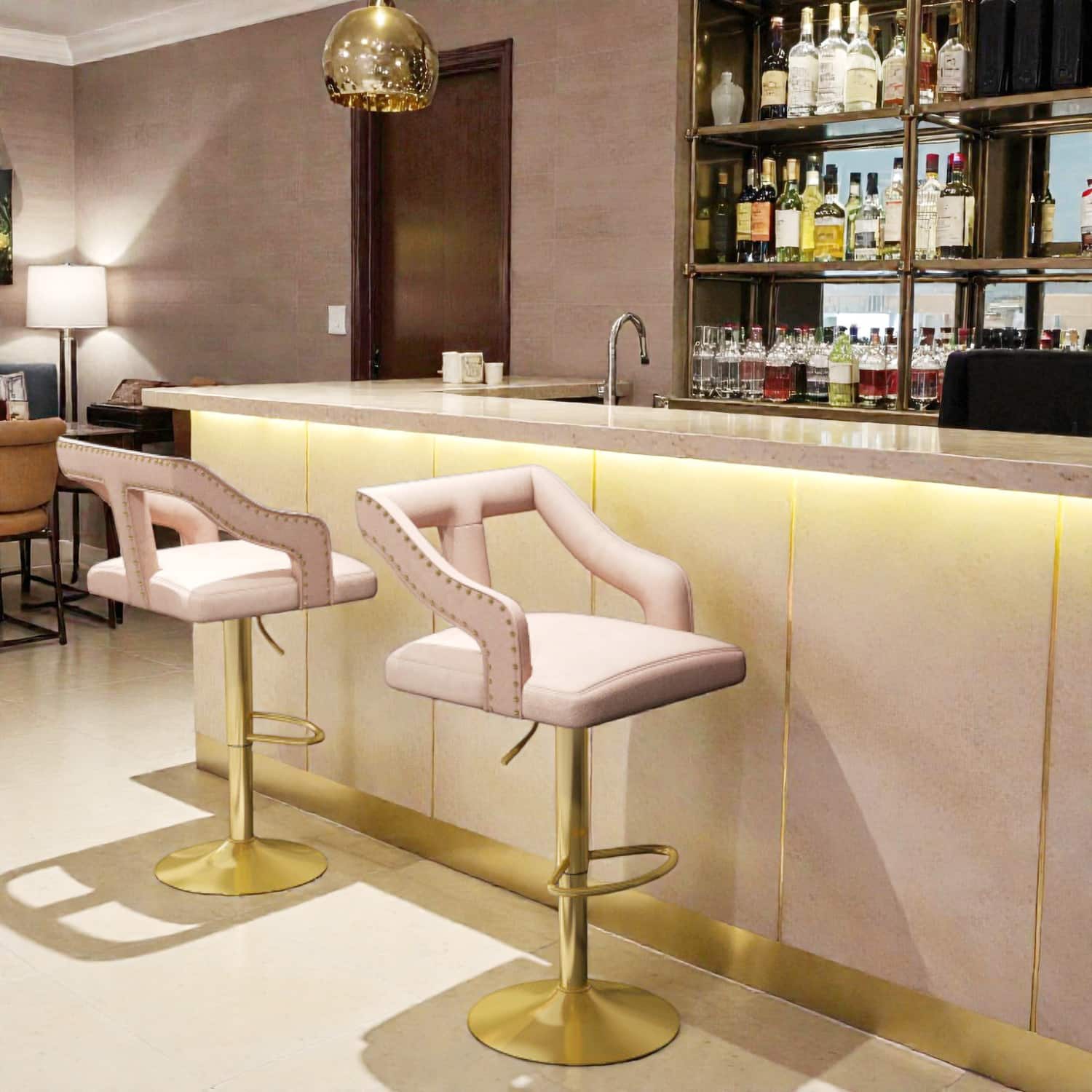 Hivvago - Set of 2 Contemporary Bar Stools with Built-In Footrest and Double Electroplated Metal Base - Pink