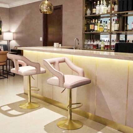 Front. Hivvago - Set of 2 Contemporary Bar Stools with Built-In Footrest and Double Electroplated Metal Base - Pink.