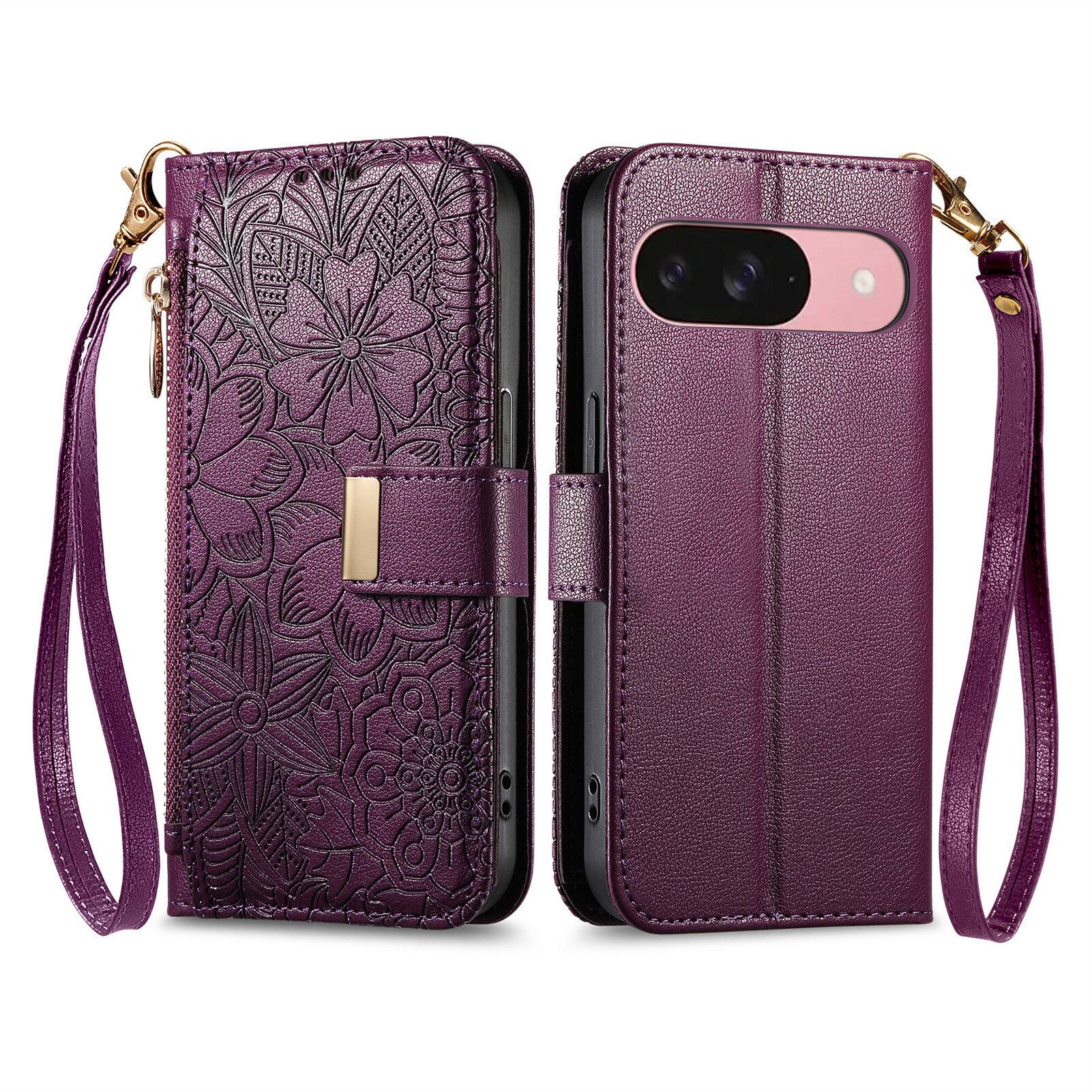 Angle. UUCOVER - Flip Wallet Case for Google Pixel 10/10 Pro /9/9 Pro with Zipper Pocket, Card Slots, Cash Holder, Shoulder & Wrist Strap - Purple.