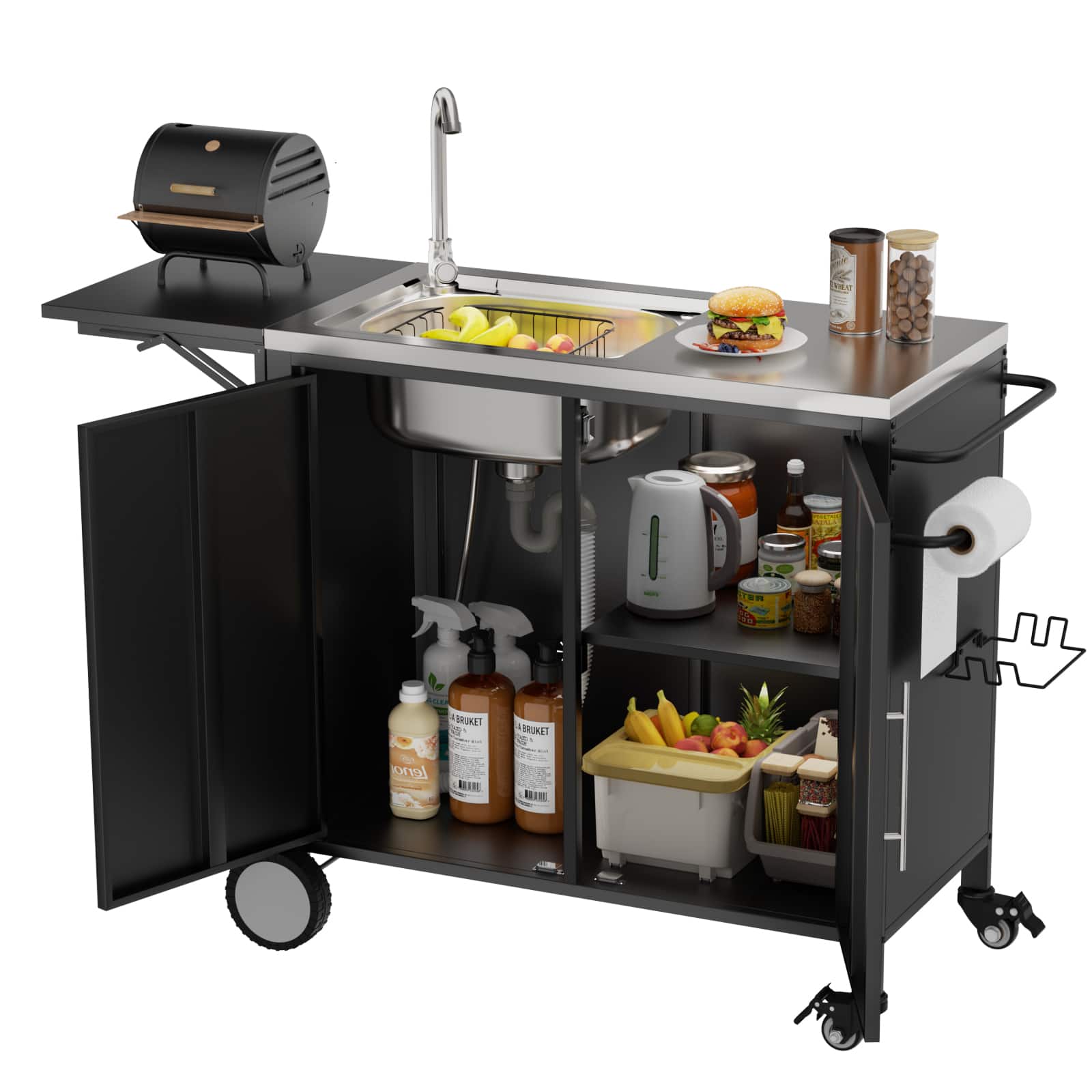 Chateau Abodes - 304 Stainless Steel Outdoor Grill Table with Sink, Storage Cabinet on Wheels for Garden & Backyard - Black with Foldable Top