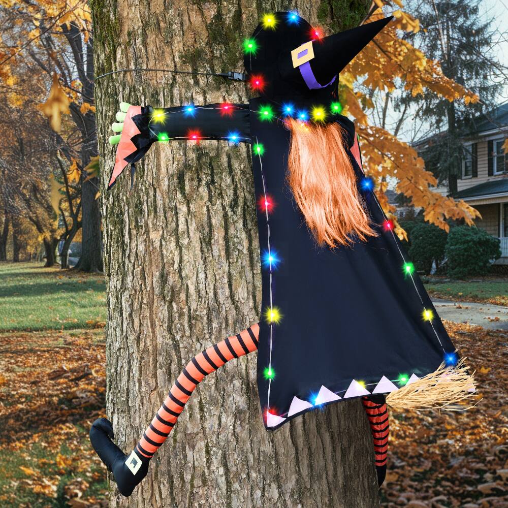 Angle. Joyfy - 60" Light-Up Crashing Witch Halloween Outdoor Flying Witch Decoration with String Lights for Porch, Yard & Patio - Black.