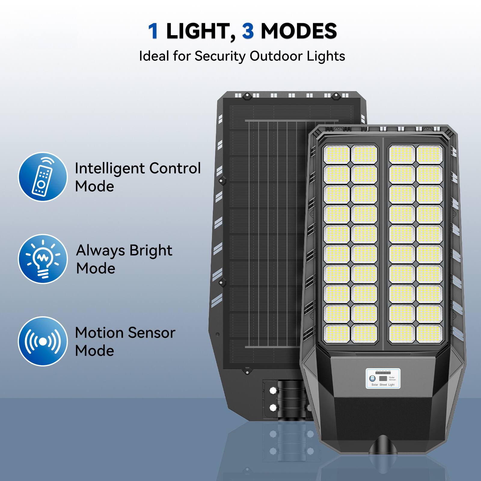 1 LIGHT, 3 MODES  
Ideal for Security Outdoor Lights  

- Intelligent Control Mode  
- Always Bright Mode  
- Motion Sensor Mode