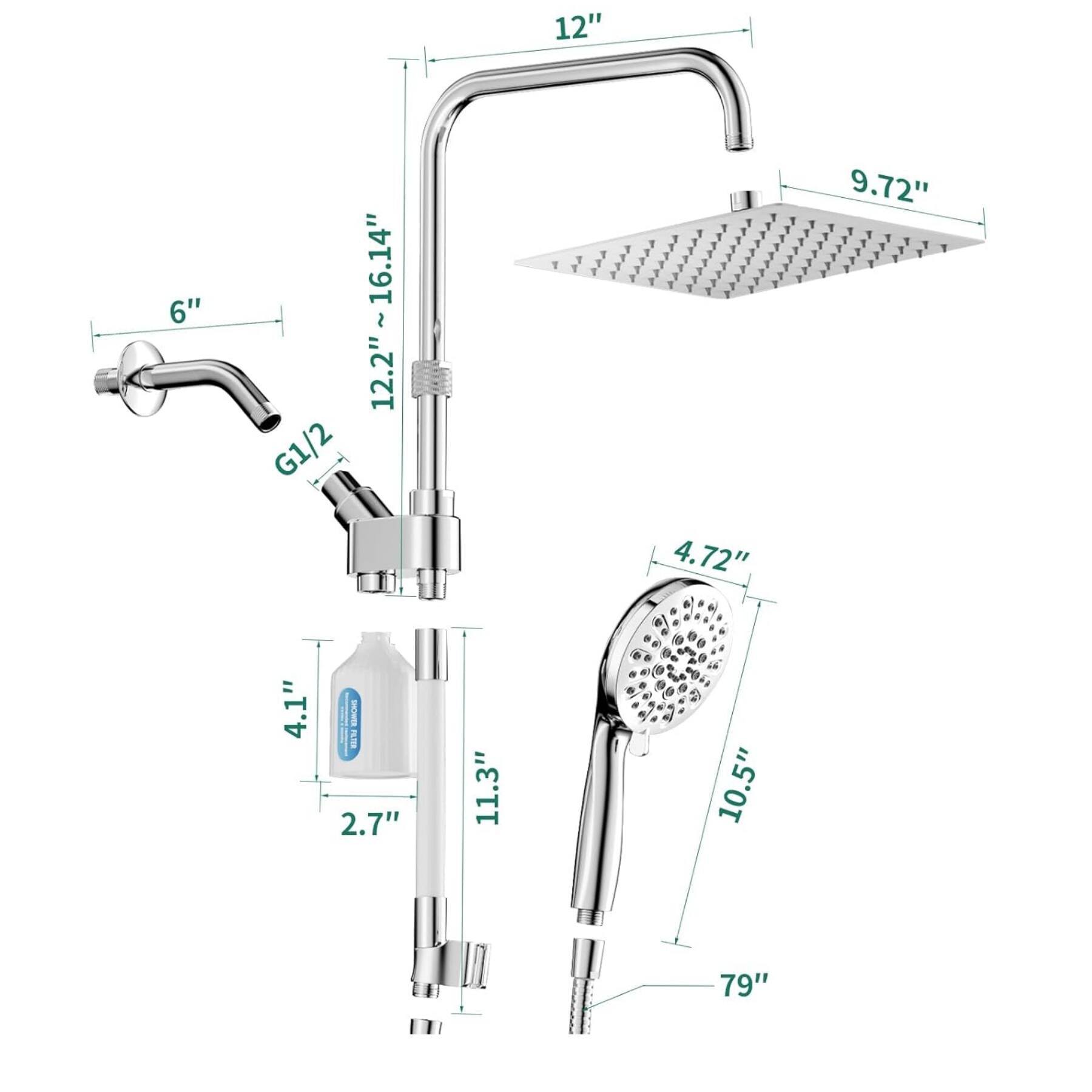 12"  
6"  
12.2" ~ 16.14"  
G1/2  
9.72"  
4.72"  
4.1"  
2.7"  
11.3"  
10.5"  
79"